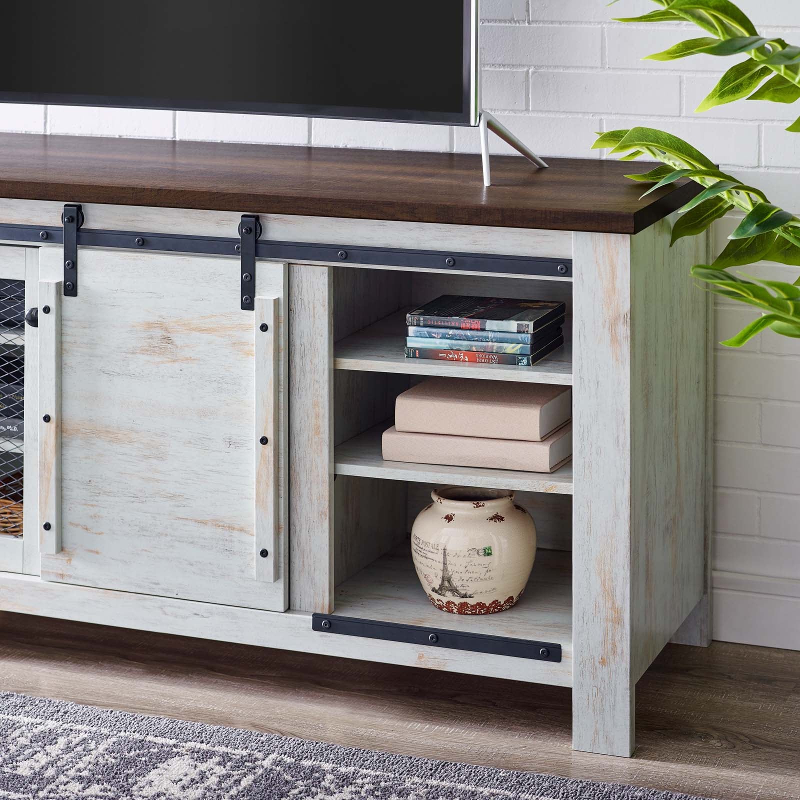 Bennington 71" Rustic Sliding Door TV Stand in White