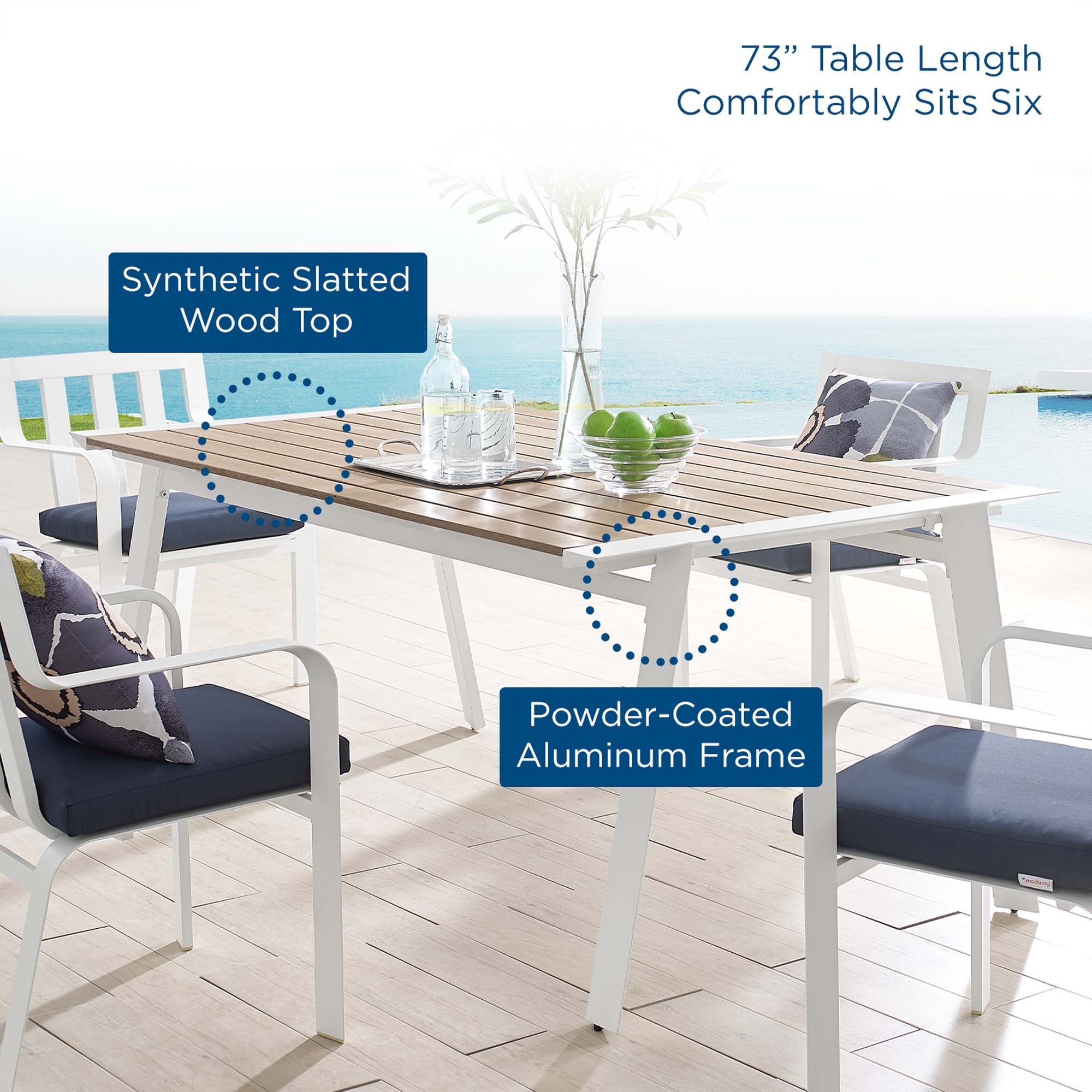 Table à manger d'extérieur en aluminium Roanoke de 73 po en blanc naturel