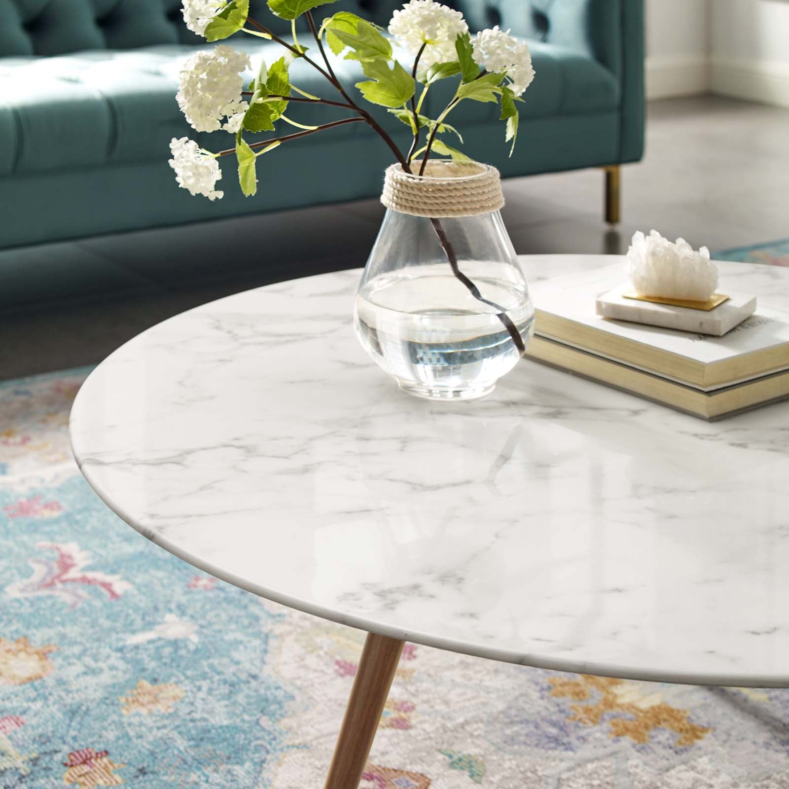 Round Faux Marble Coffee Table with Tripod Base