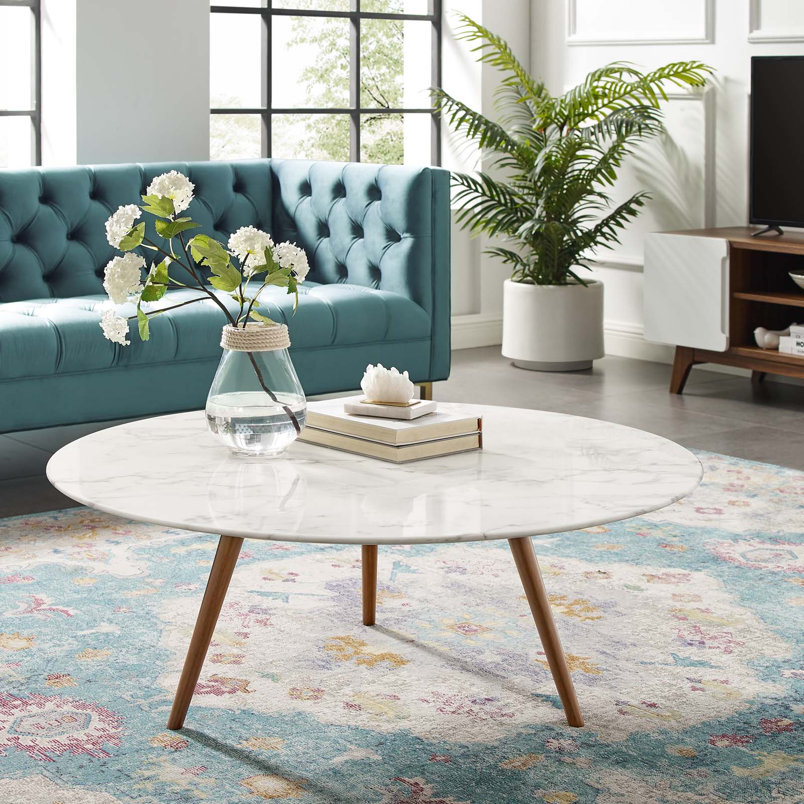 Round Faux Marble Coffee Table with Tripod Base