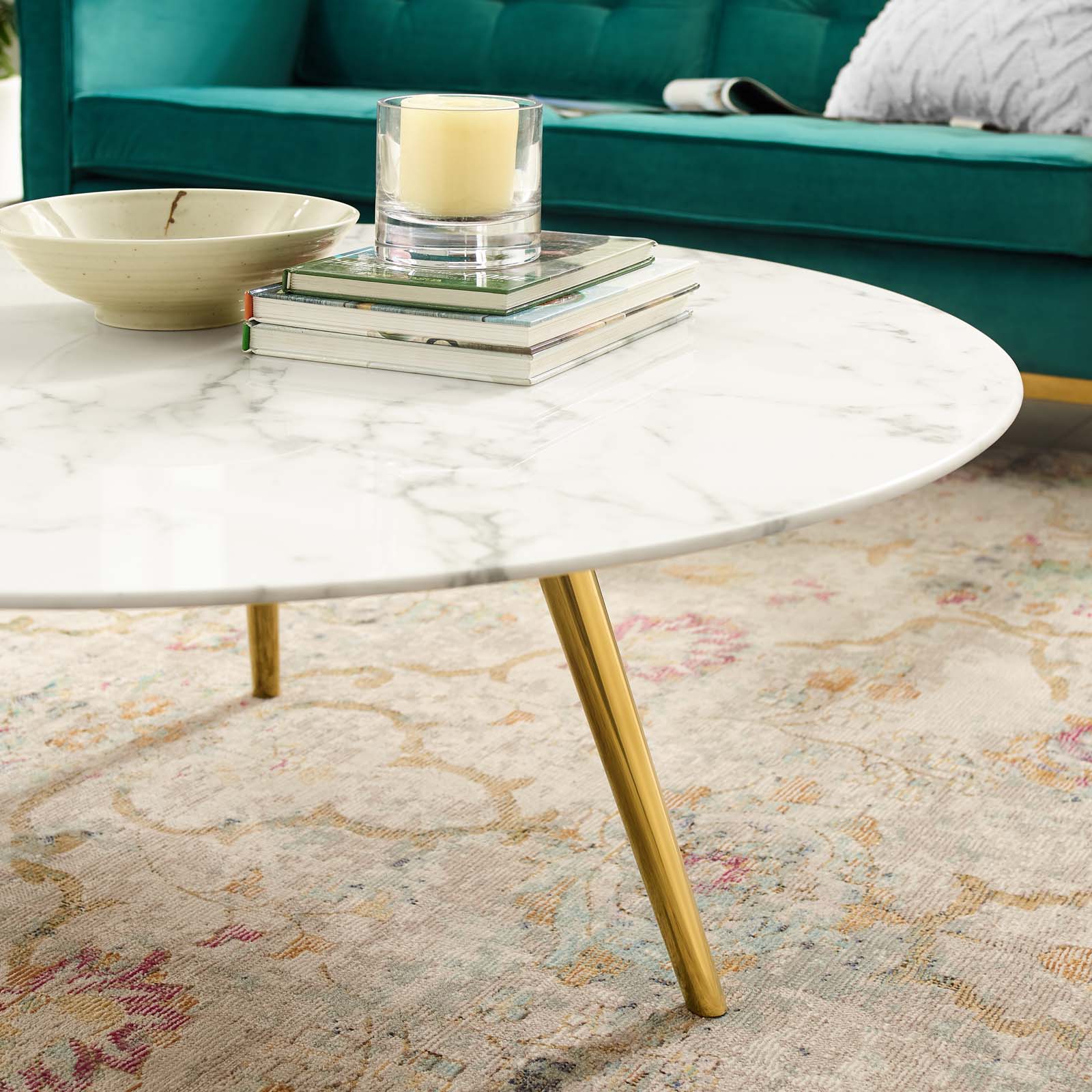 Round Faux Marble Coffee Table with Tripod Base