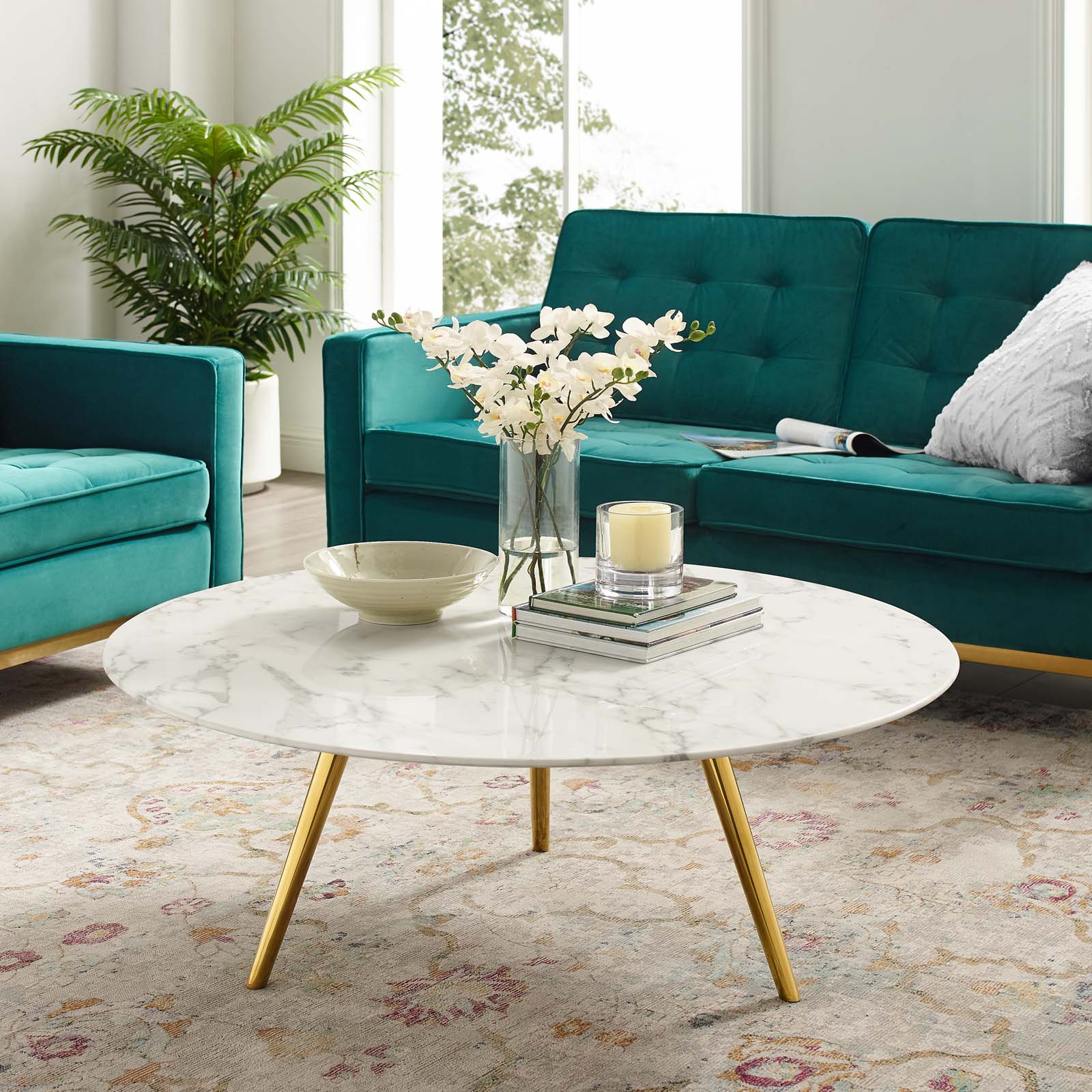 Round Faux Marble Coffee Table with Tripod Base