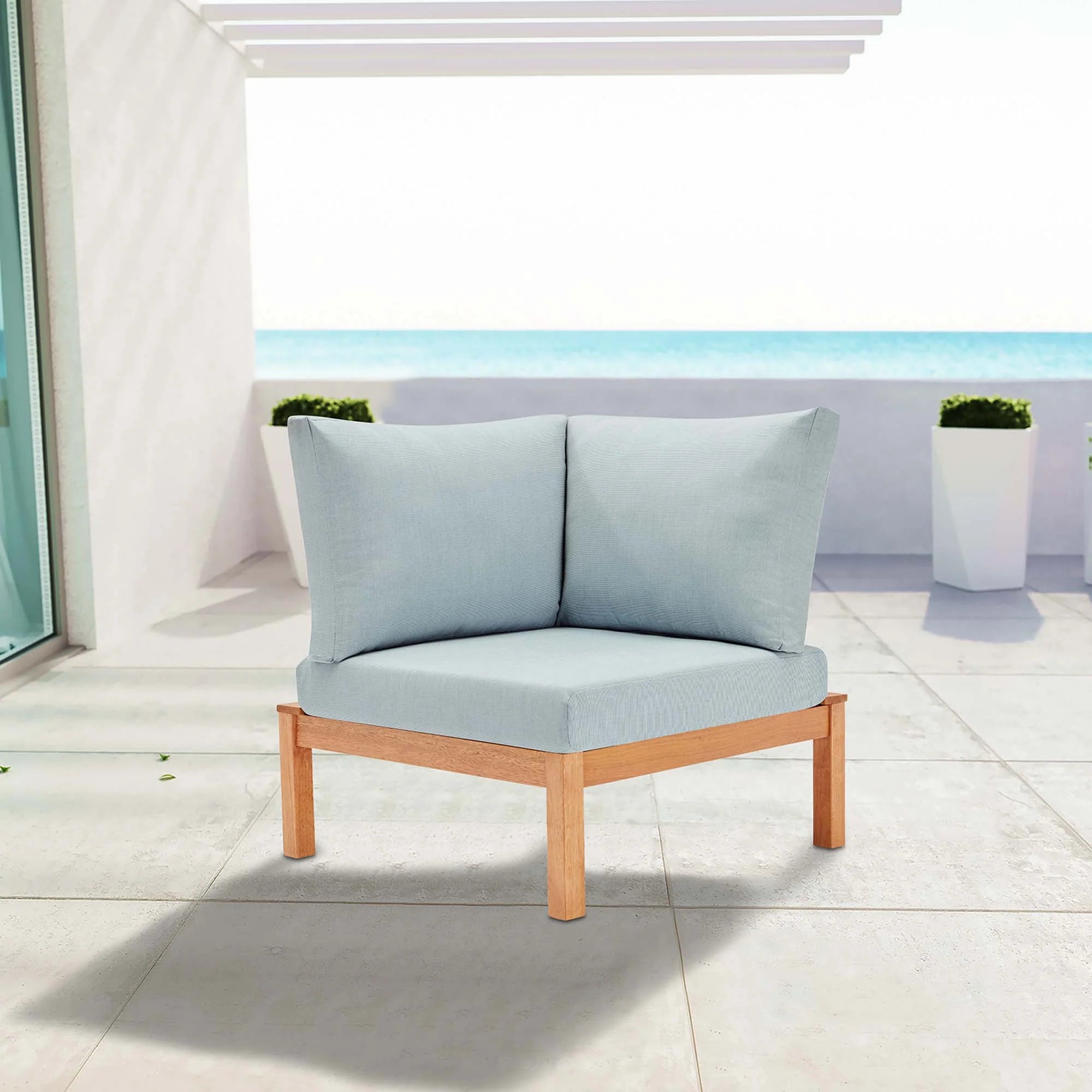 Freeport Karri Wood Sectional Sofa Outdoor Patio Corner Chair in Natural Light Blue