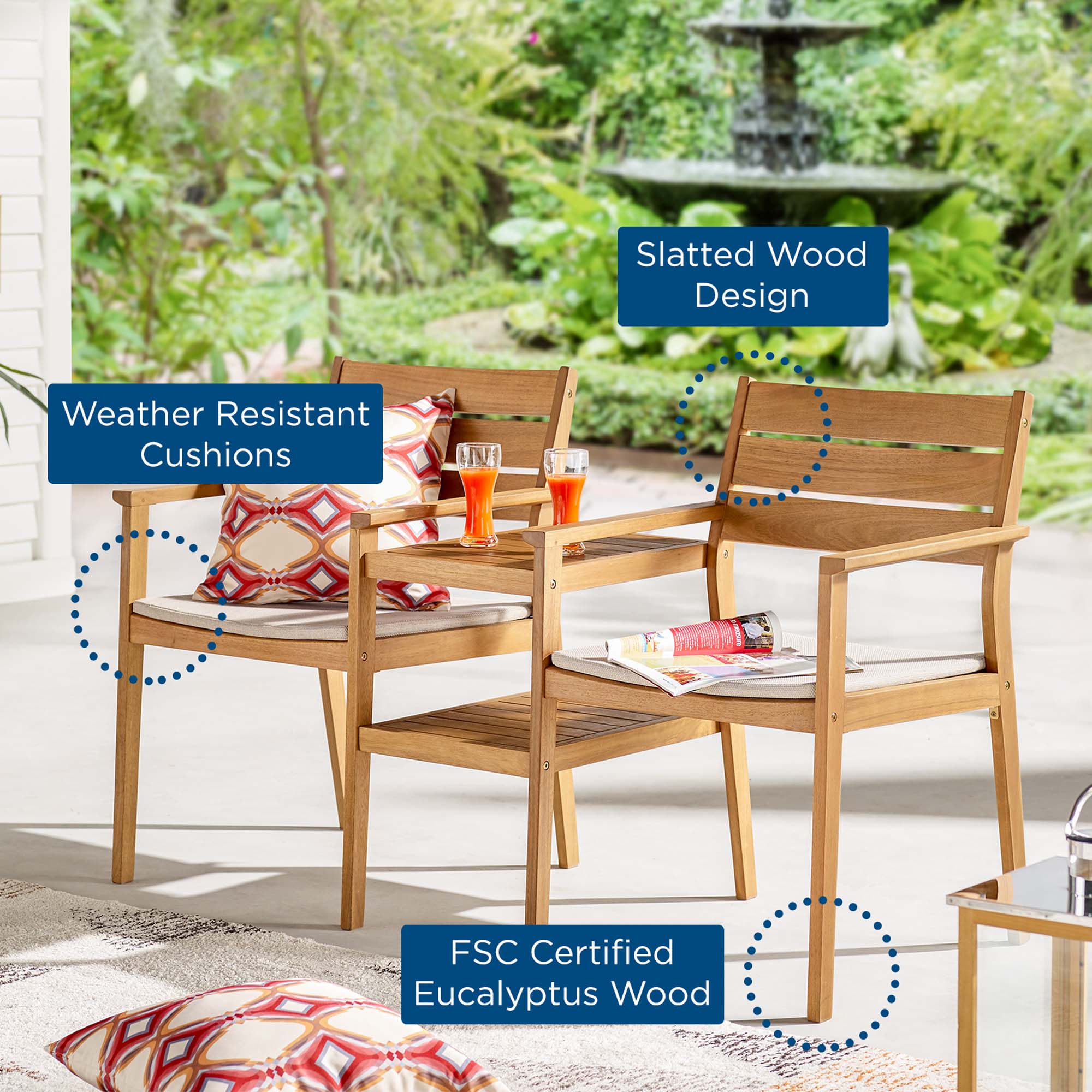 Viewscape Outdoor Patio Ash Wood Jack and Jill Chair Set in Natural Taupe