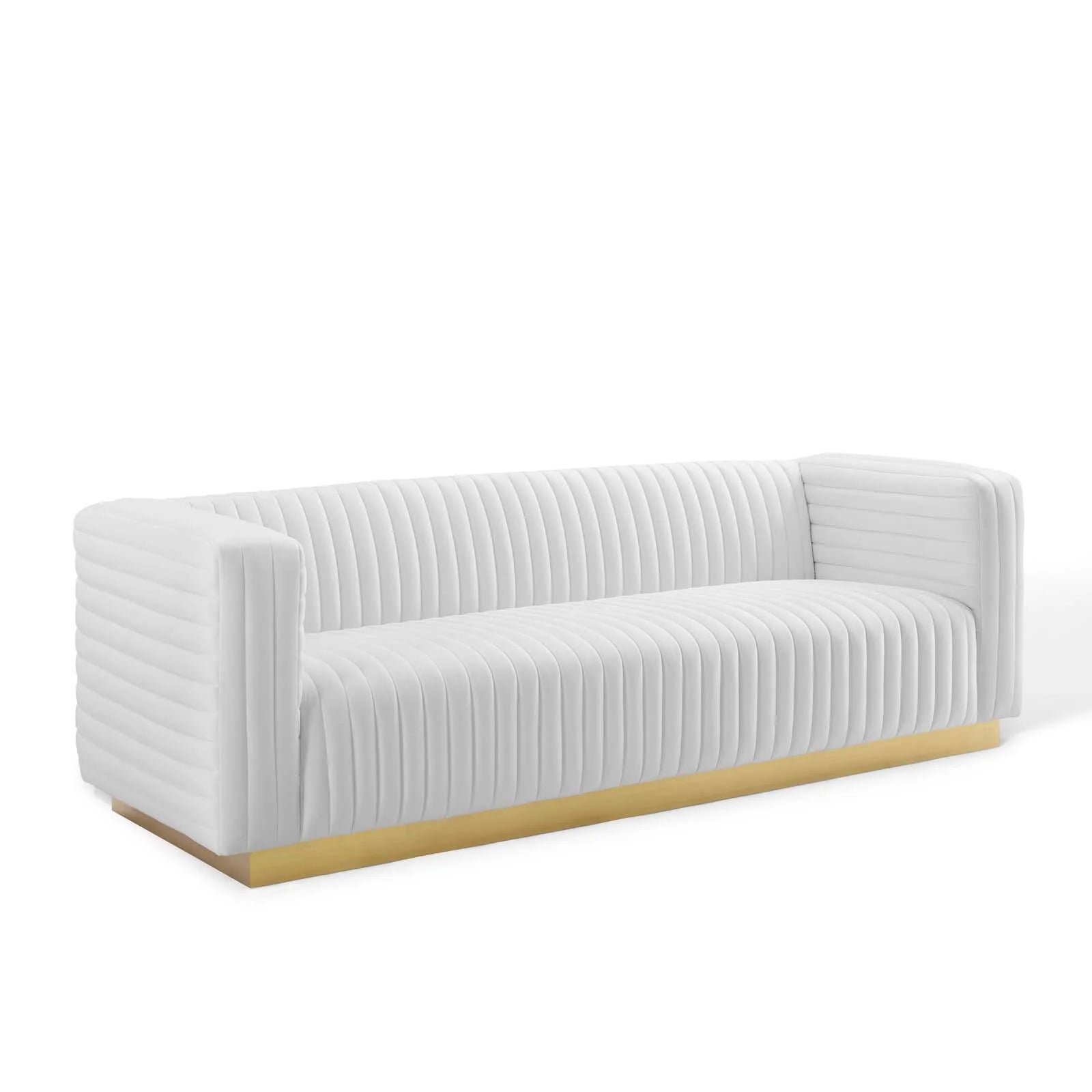 Charisma Channel Tufted Performance Velvet Living Room Sofa in White