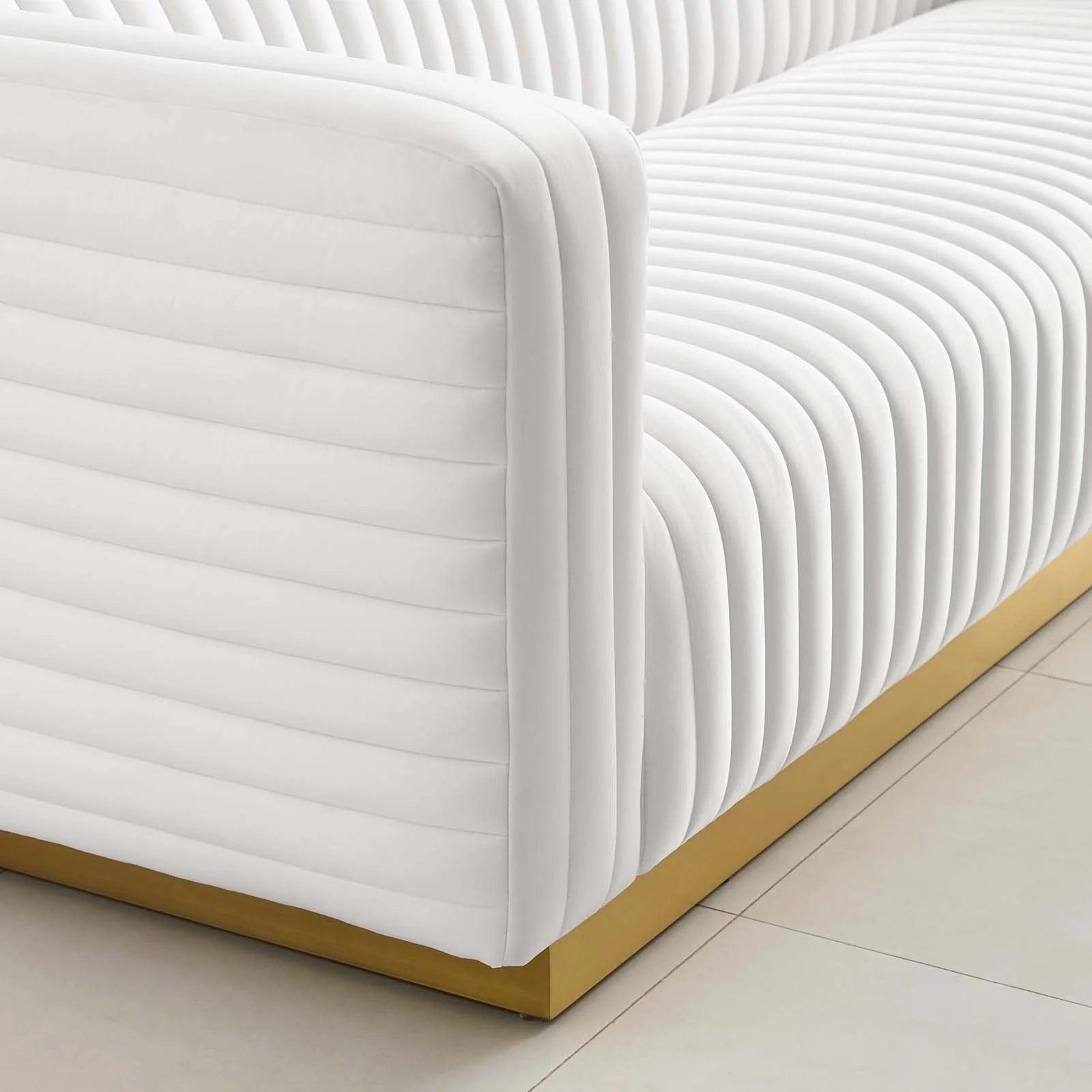 Charisma Channel Tufted Performance Velvet Living Room Sofa in White