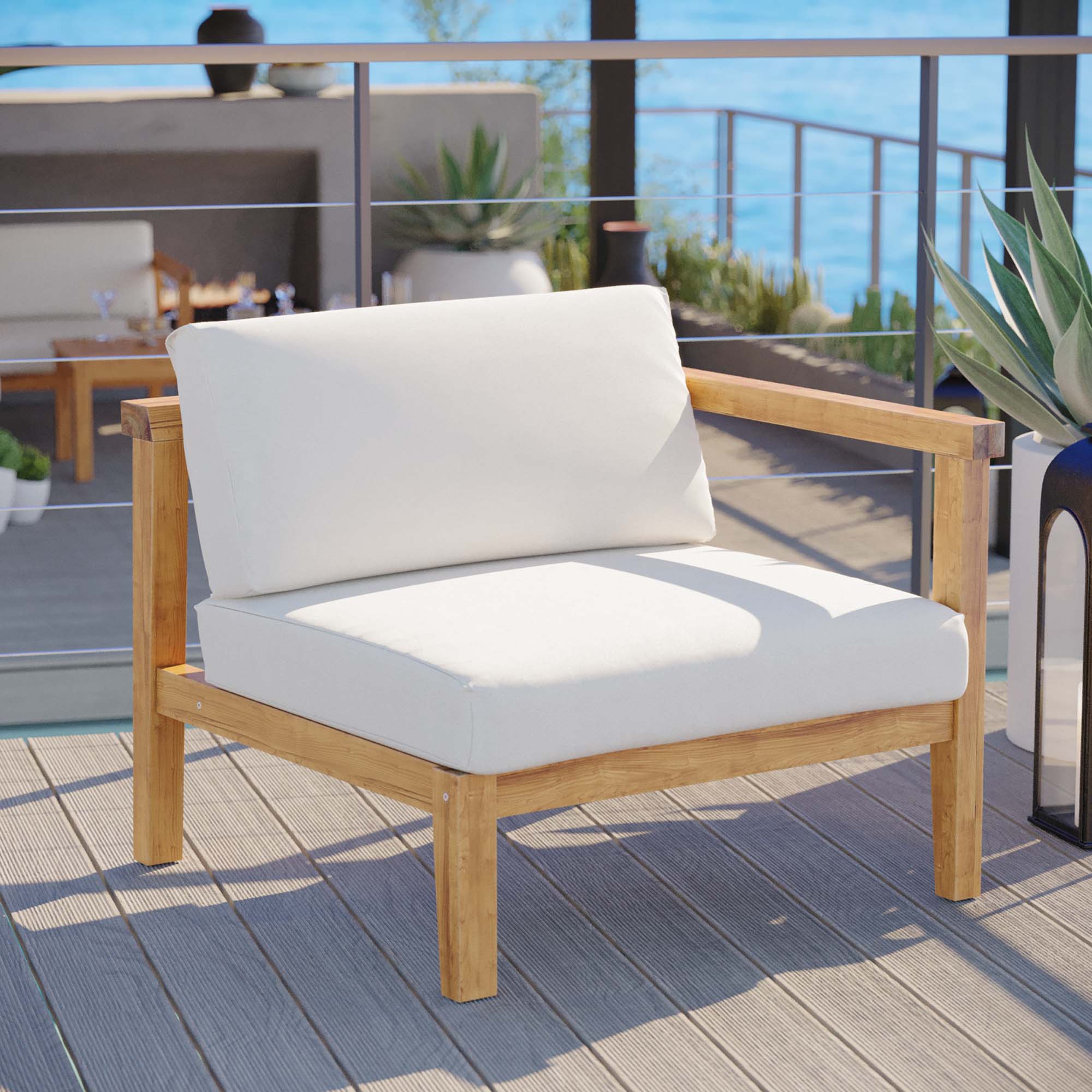 Upland Outdoor Patio Teak Wood Armless Chair in Natural White