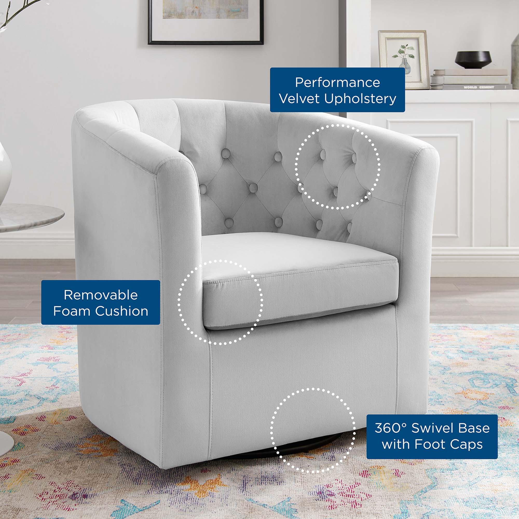 Fauteuil pivotant capitonné en velours haute performance Prospect