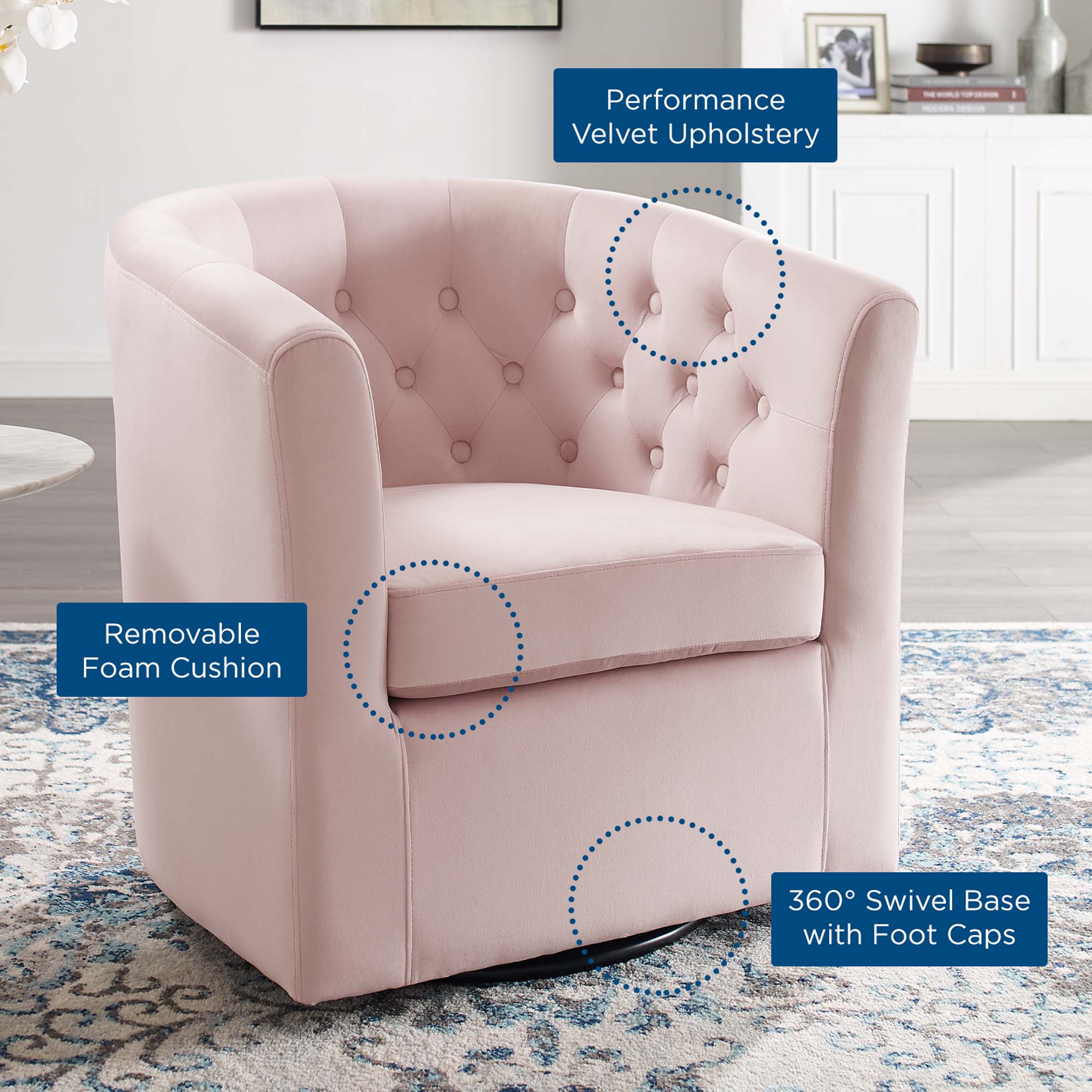 Fauteuil pivotant capitonné en velours haute performance Prospect