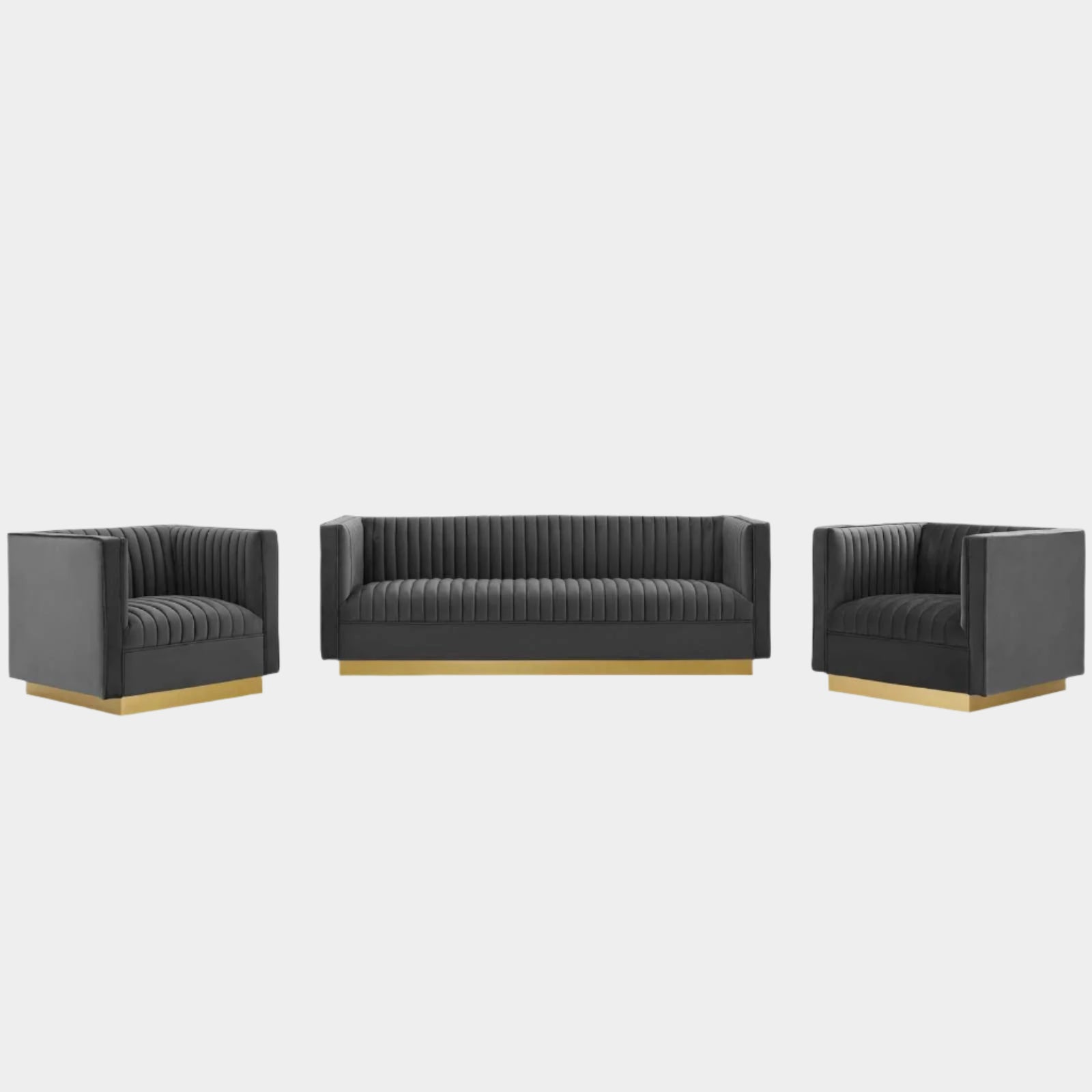 Sanguine 3 Piece Vertical Channel Tufted Upholstered Performance Velvet Set
