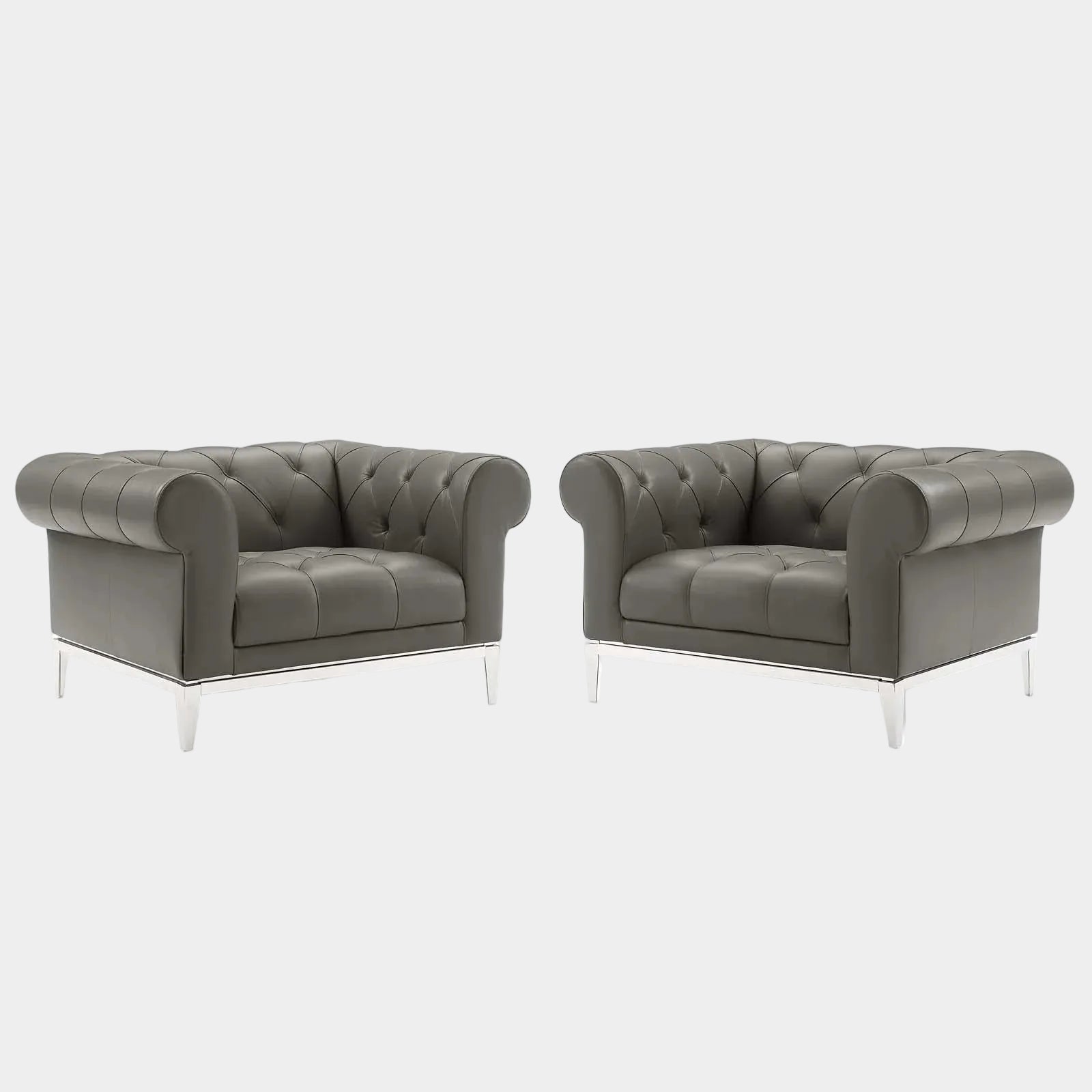 Idyll Tufted Upholstered Leather Armchair Set of 2 in Gray