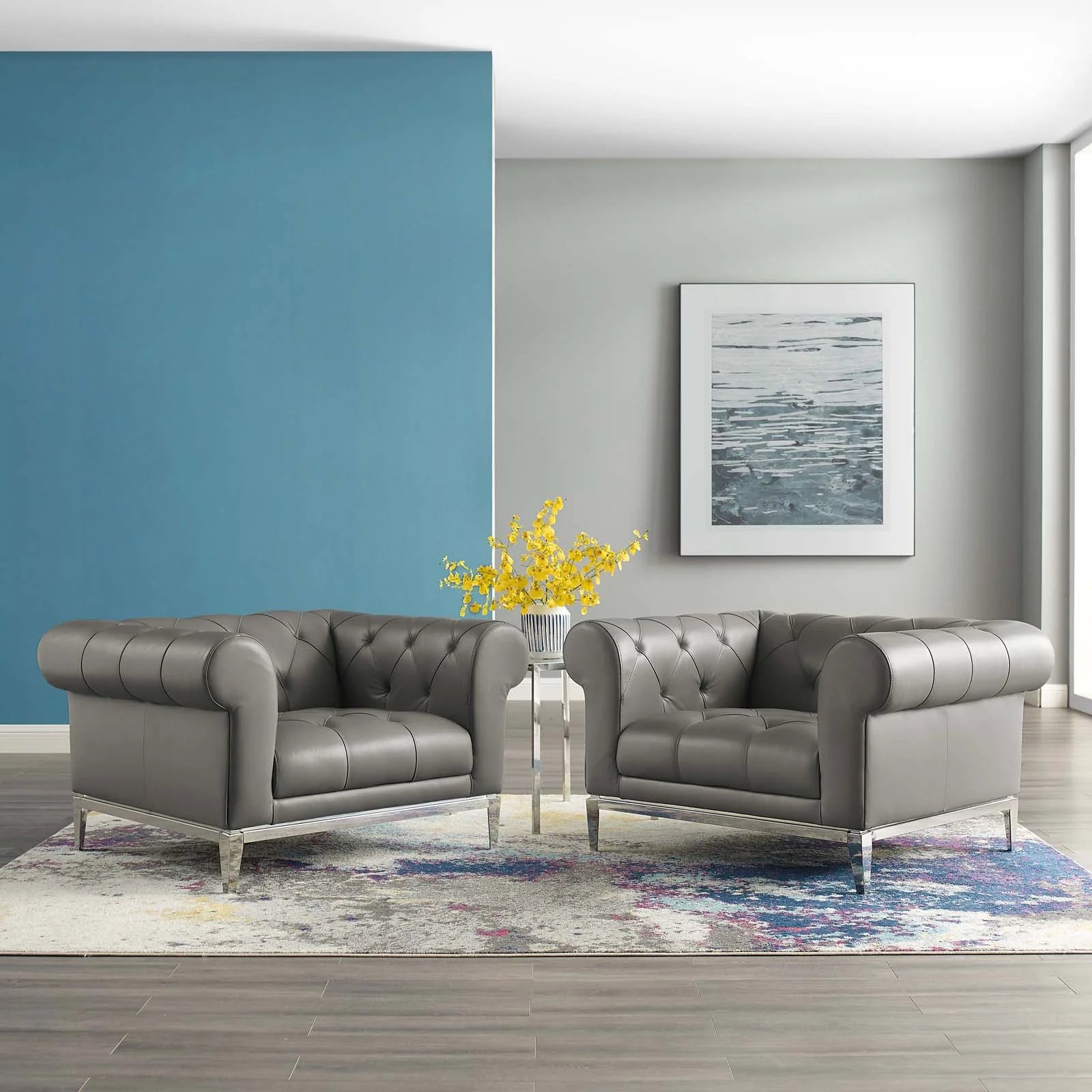 Idyll Tufted Upholstered Leather Armchair Set of 2 in Gray