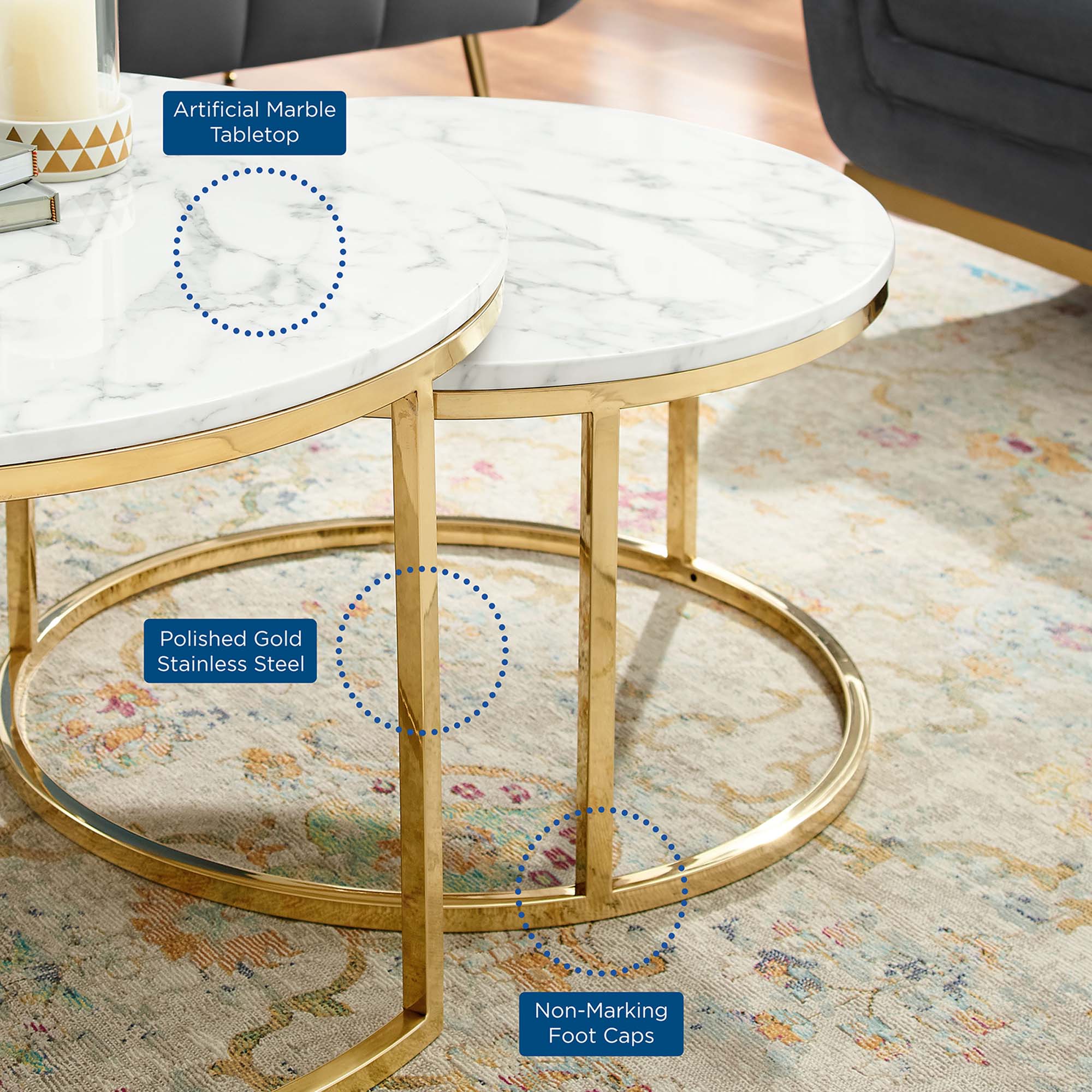 Ravenna Artificial Marble Nesting Coffee Table in Gold White