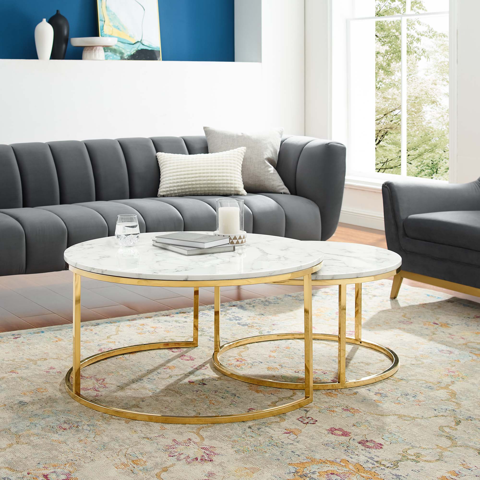 Ravenna Artificial Marble Nesting Coffee Table in Gold White