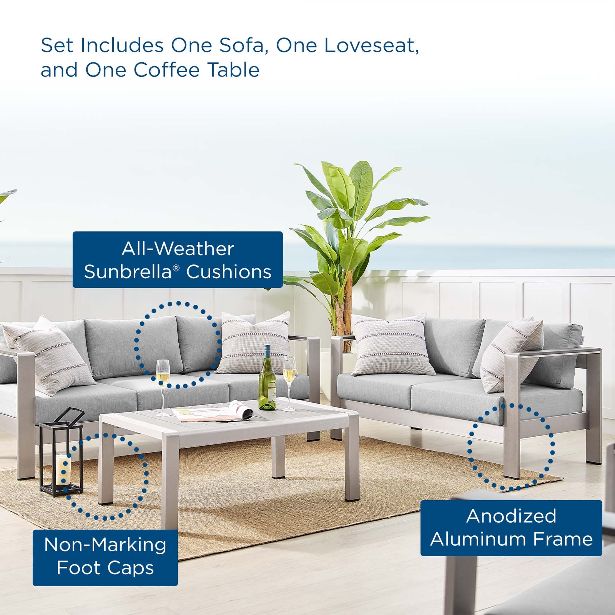 Shore 3 Piece Sunbrella® Fabric Outdoor Patio Aluminum Set