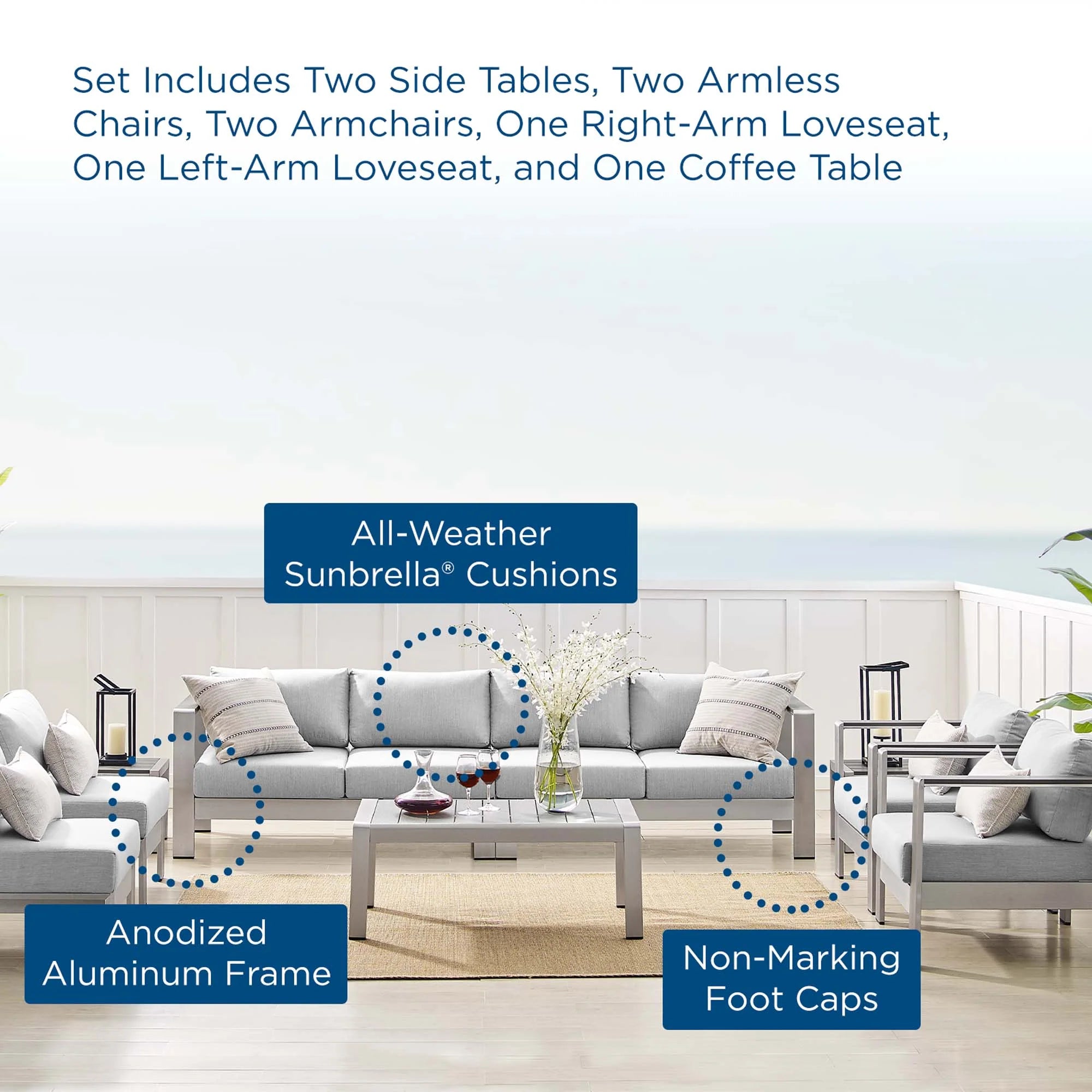 Shore 9 Piece Sunbrella® Fabric Outdoor Patio Aluminum Sectional Sofa Set