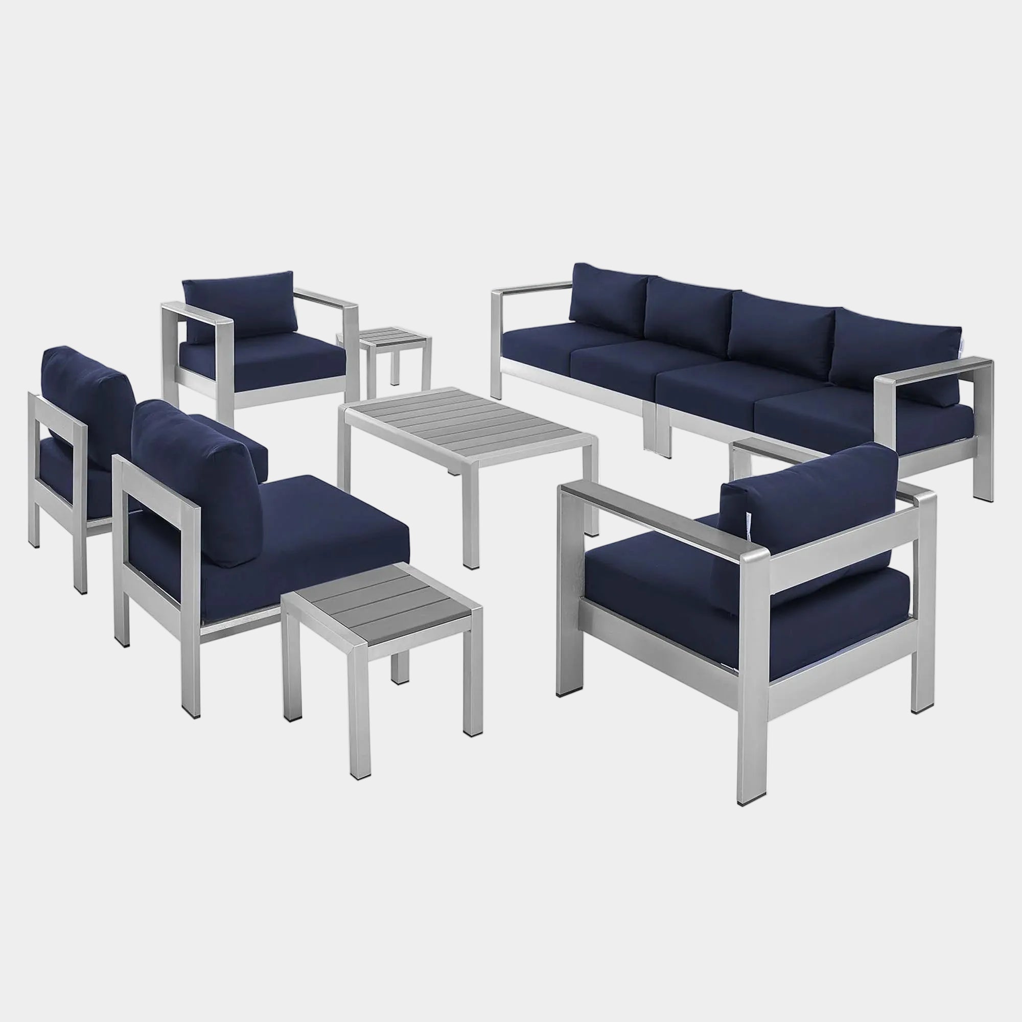 Shore 9 Piece Sunbrella® Fabric Outdoor Patio Aluminum Sectional Sofa Set in Silver Navy