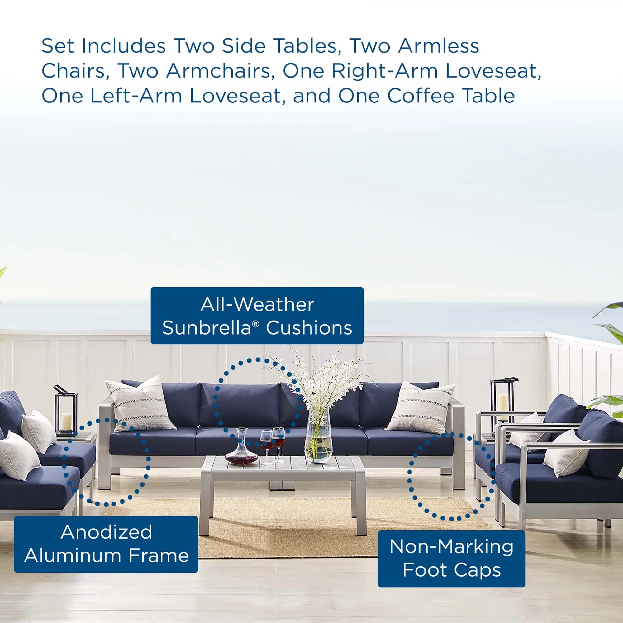 Shore 9 Piece Sunbrella® Fabric Outdoor Patio Aluminum Sectional Sofa Set in Silver Navy