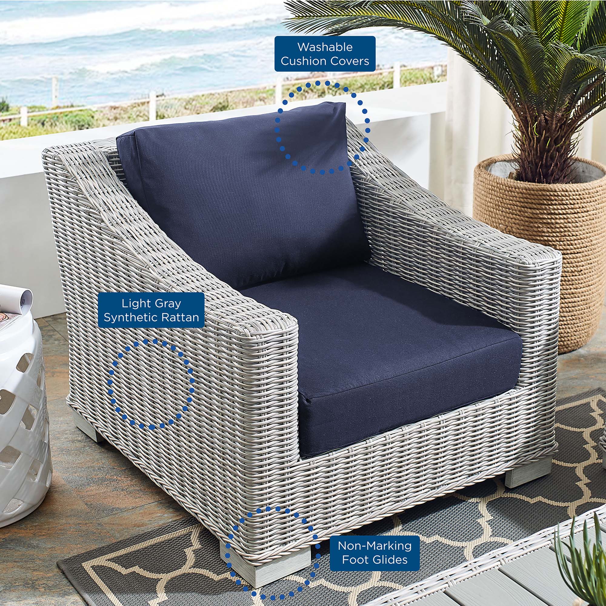 Conway 2-Piece Sunbrella® Outdoor Patio Wicker Rattan Armchair and Ottoman Set in Light Gray Navy