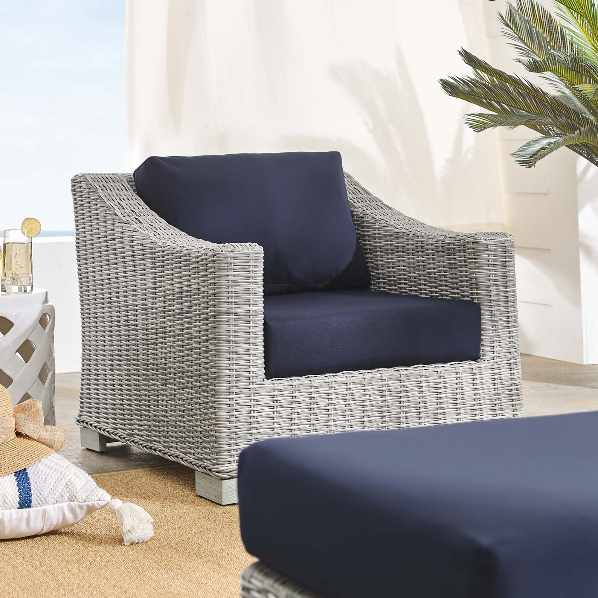 Conway 2-Piece Sunbrella® Outdoor Patio Wicker Rattan Armchair and Ottoman Set in Light Gray Navy
