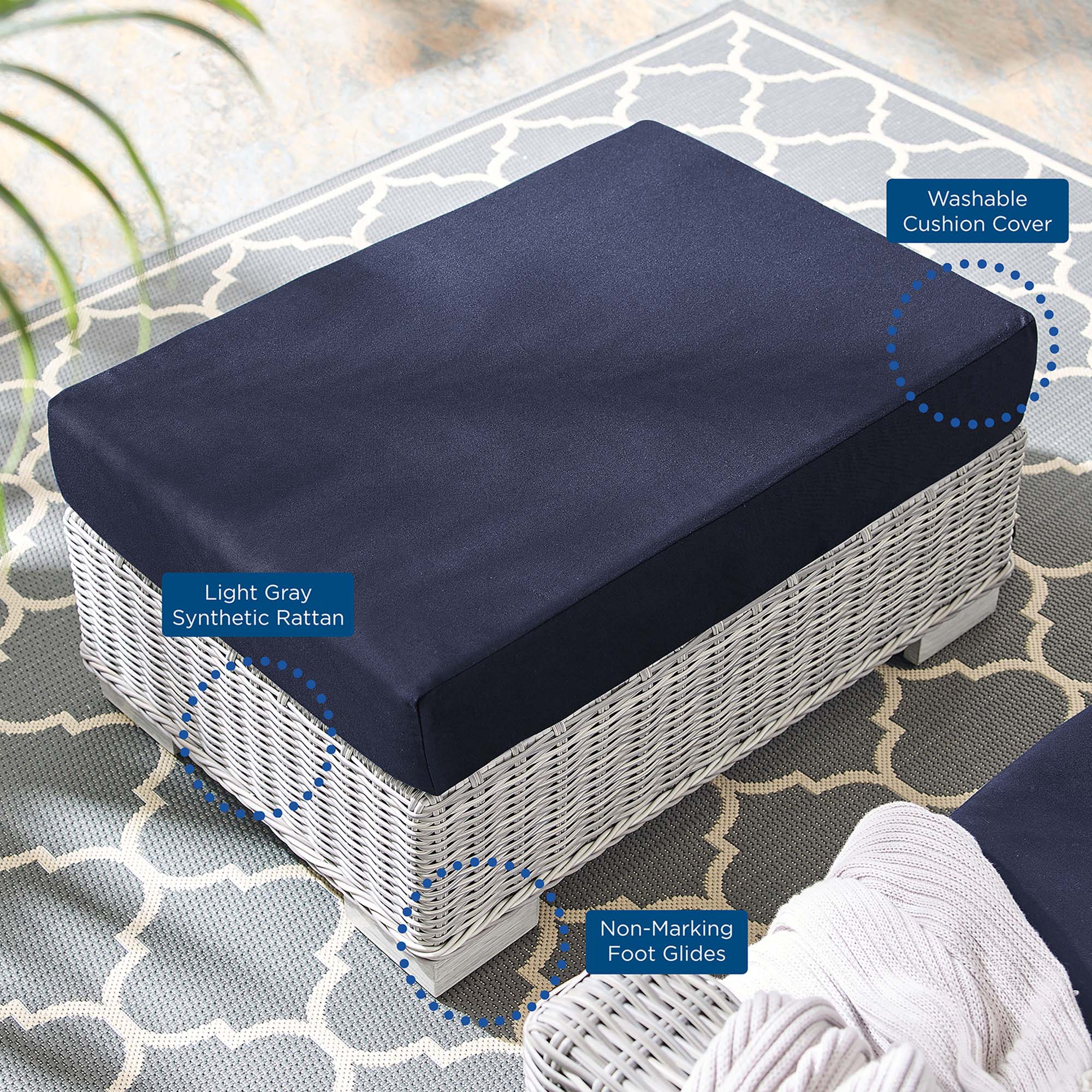Conway 2-Piece Sunbrella® Outdoor Patio Wicker Rattan Armchair and Ottoman Set in Light Gray Navy