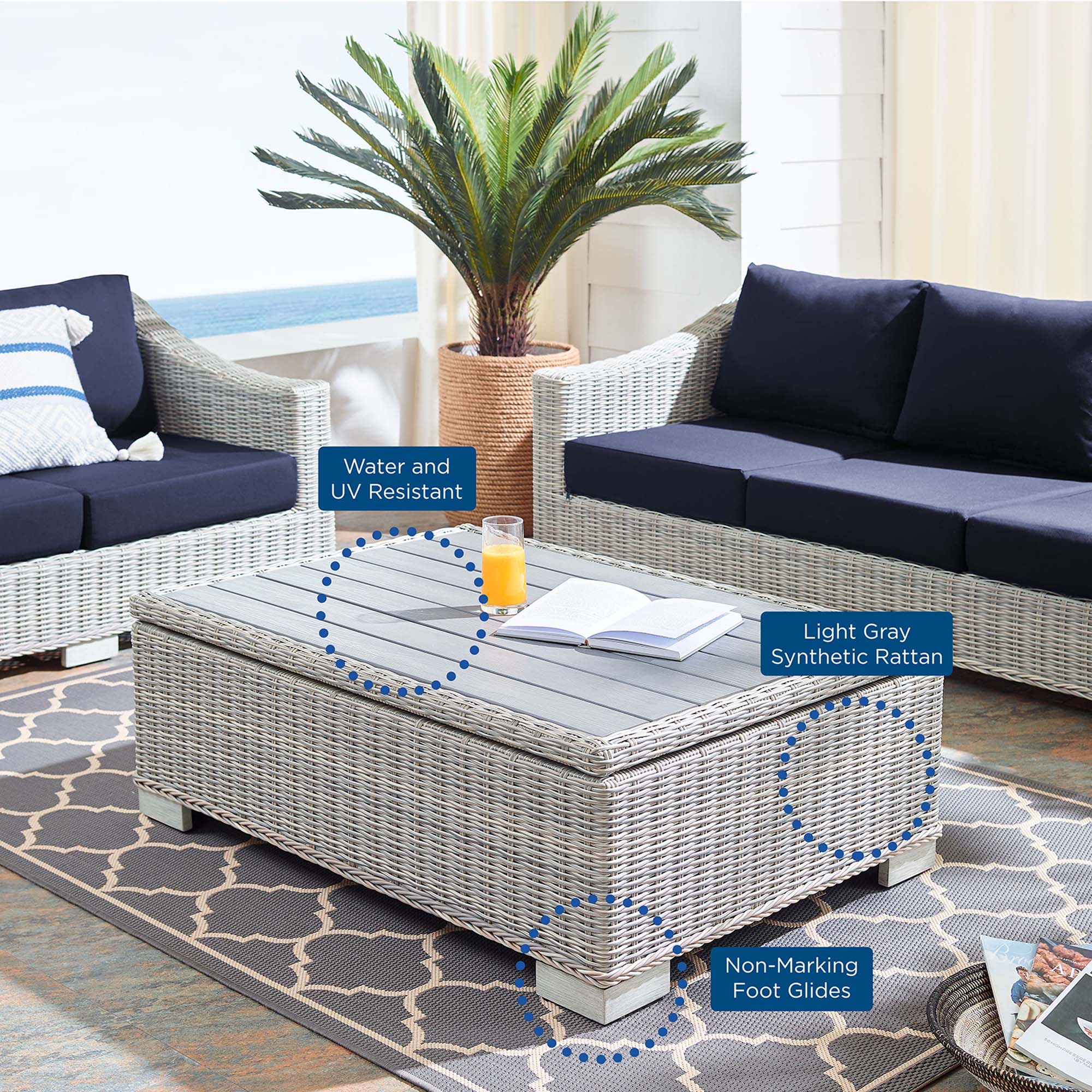 Conway 5-Piece Sunbrella® Outdoor Patio Wicker Rattan Furniture Set in Light Gray Navy
