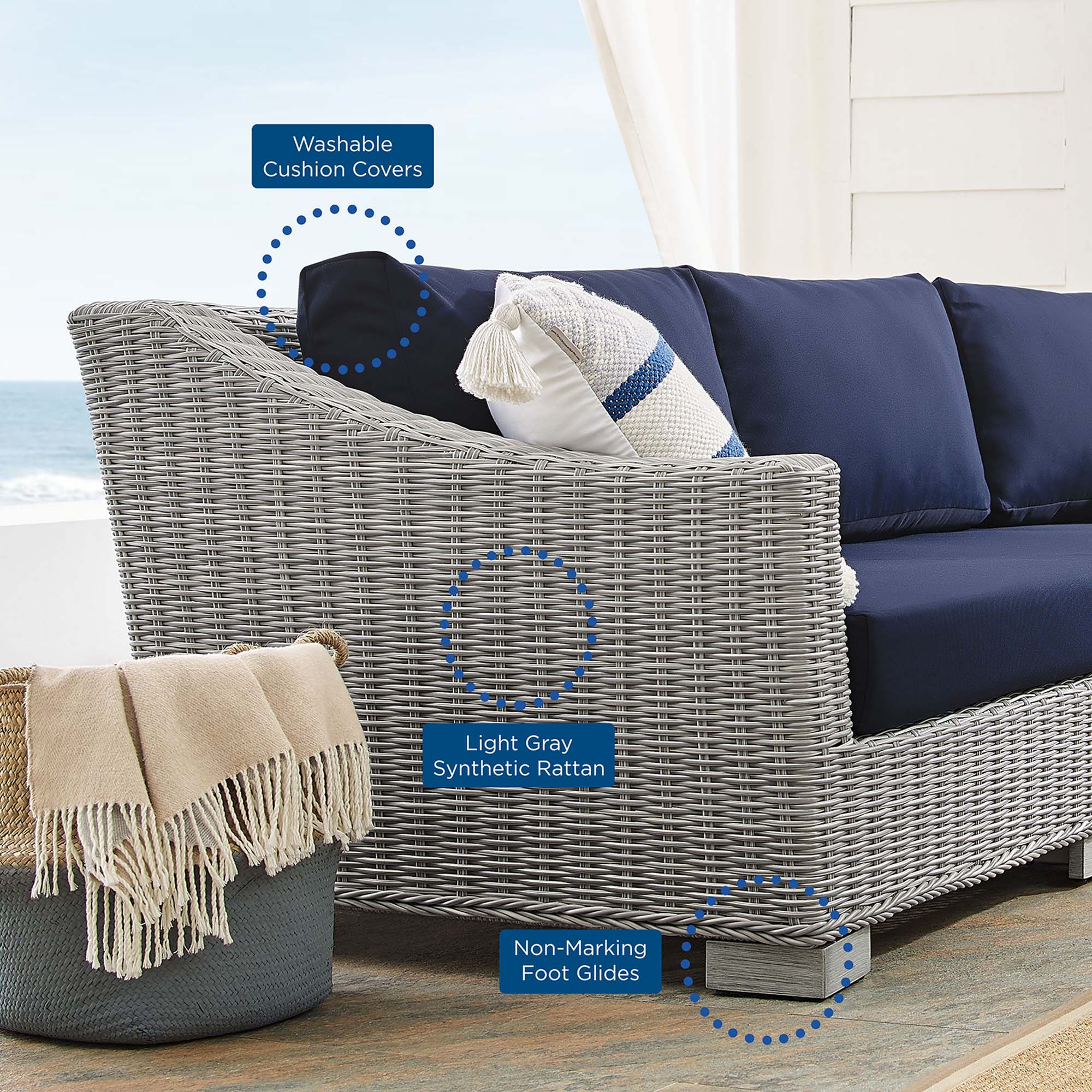 Conway 5-Piece Sunbrella® Outdoor Patio Wicker Rattan Furniture Set in Light Gray Navy