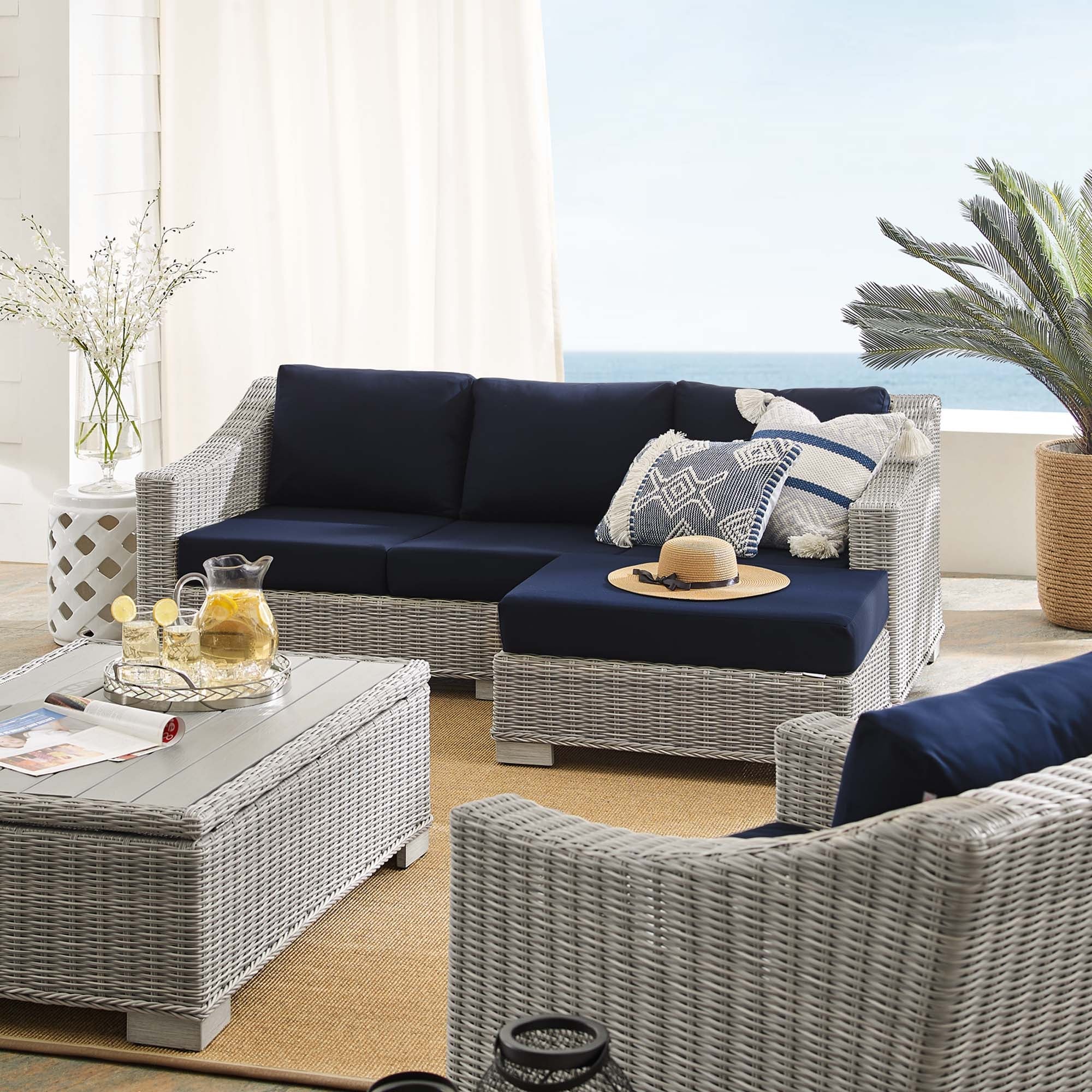 Conway 5-Piece Sunbrella® Outdoor Patio Wicker Rattan Furniture Set in Light Gray Navy