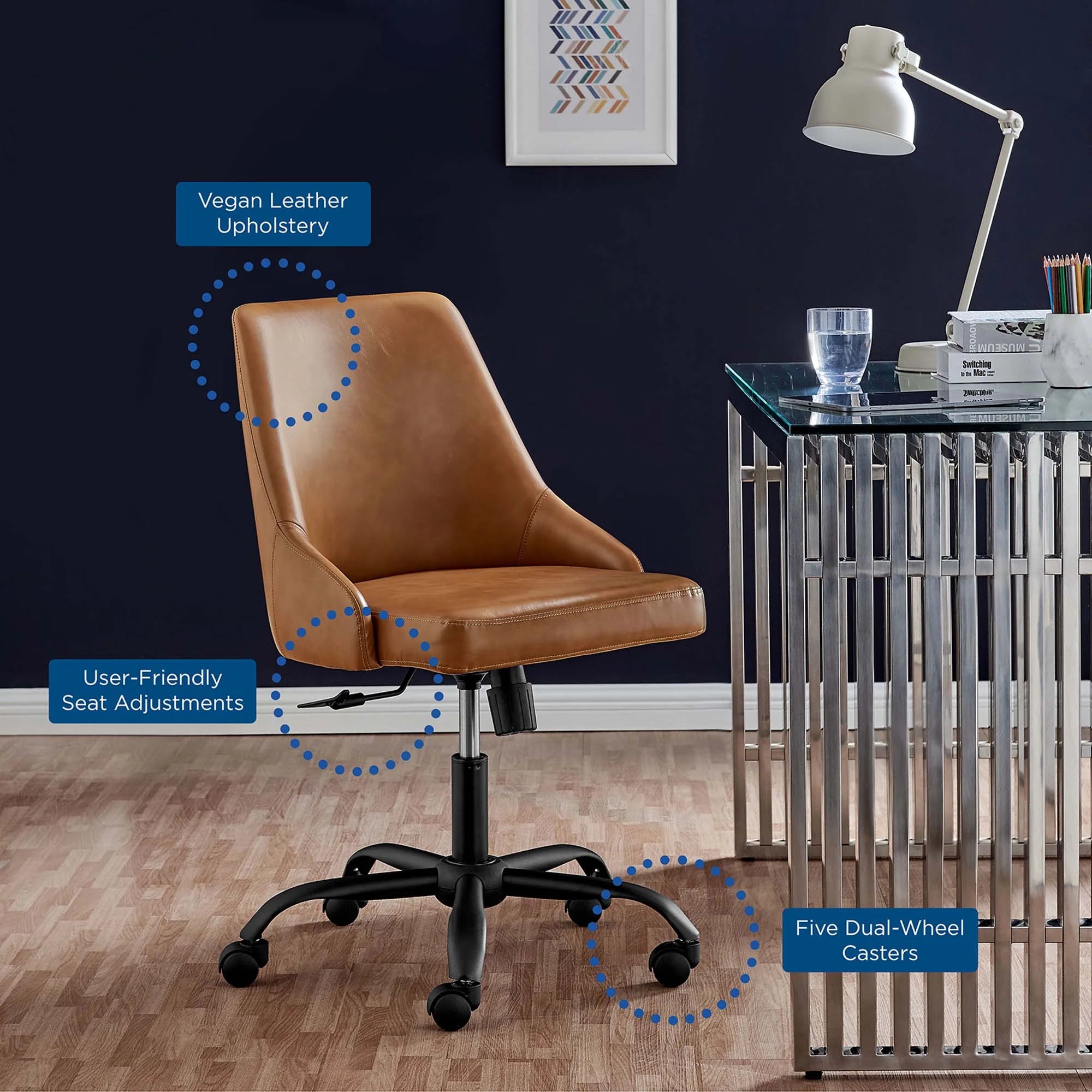 Designate Swivel Vegan Leather Office Chair in Black Tan