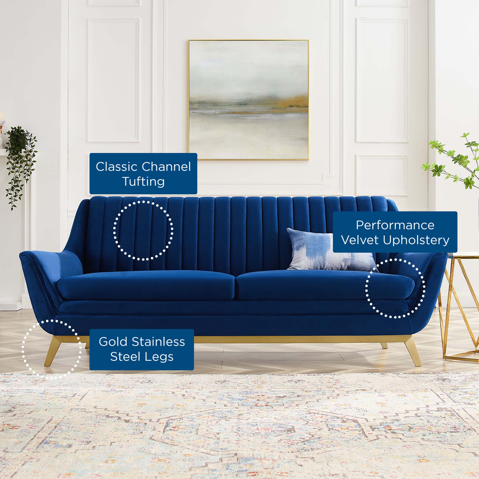 Winsome Channel Tufted Performance Velvet Sofa in Navy