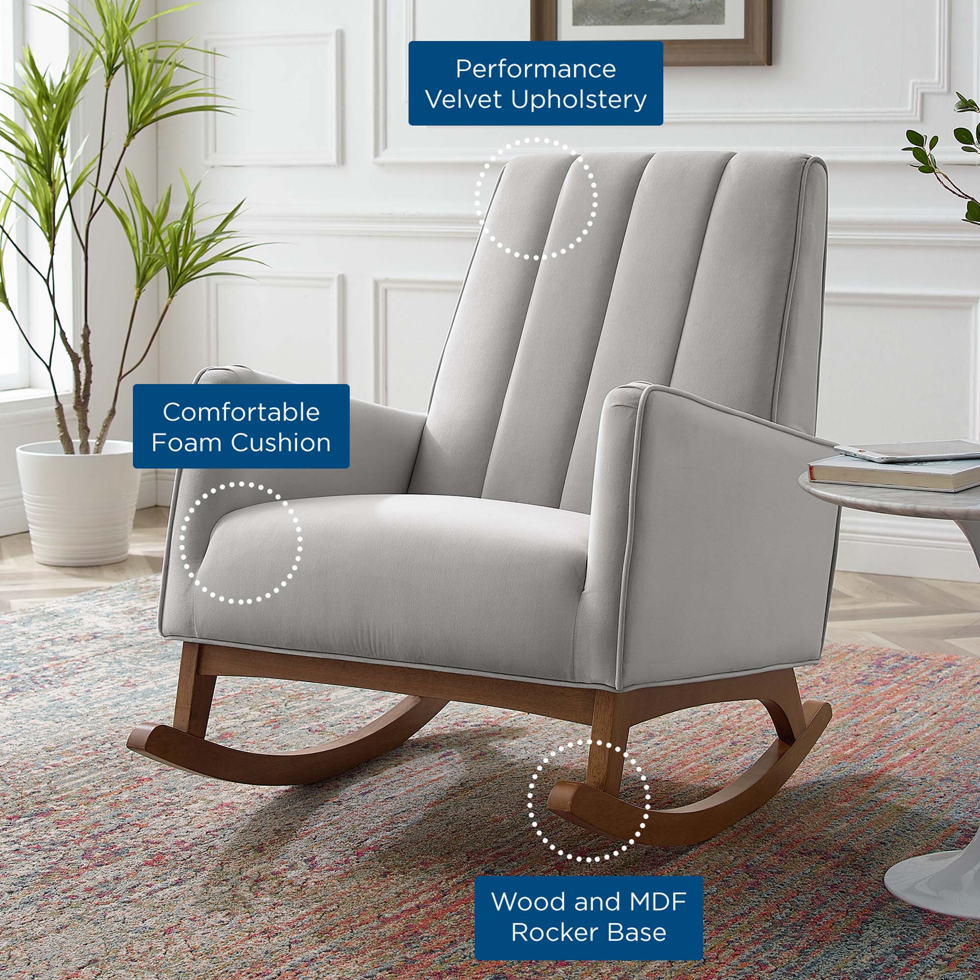 Sway Performance Velvet Rocking Chair in Light Gray