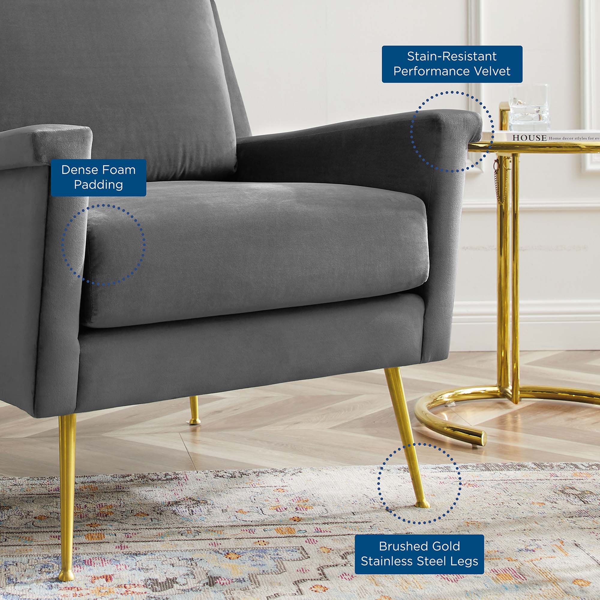 Chesapeake Performance Velvet Armchair in Gold Gray