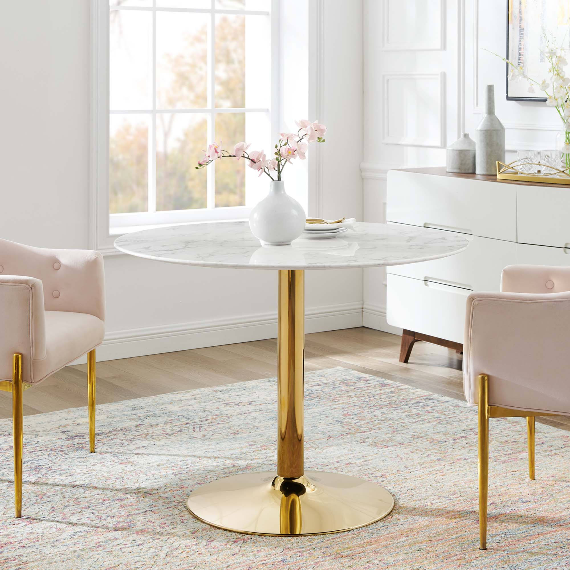 Verne 40" Artificial Marble Dining Table in Gold White