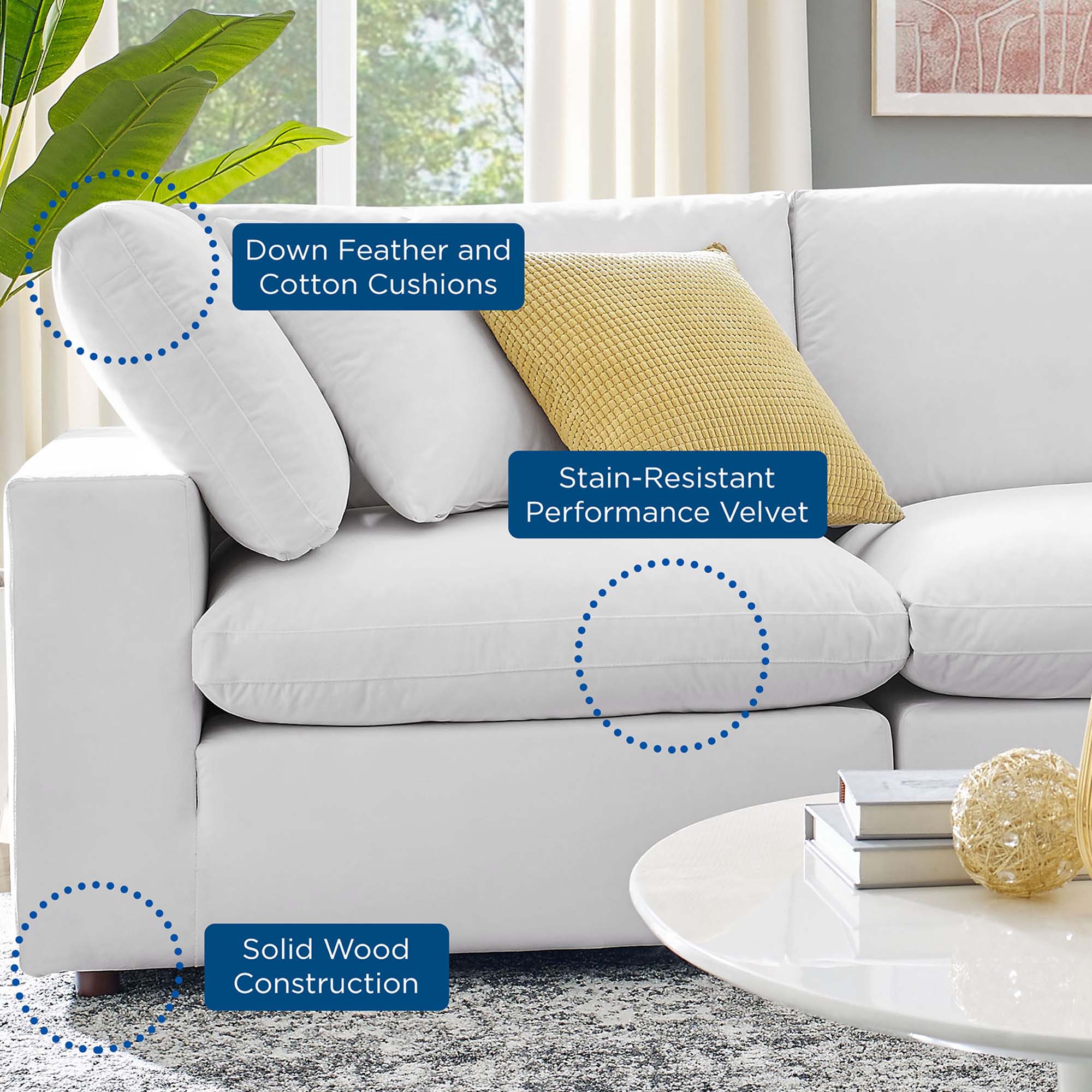 Commix Down Filled Overstuffed Performance Velvet 3-Seater Sofa in White