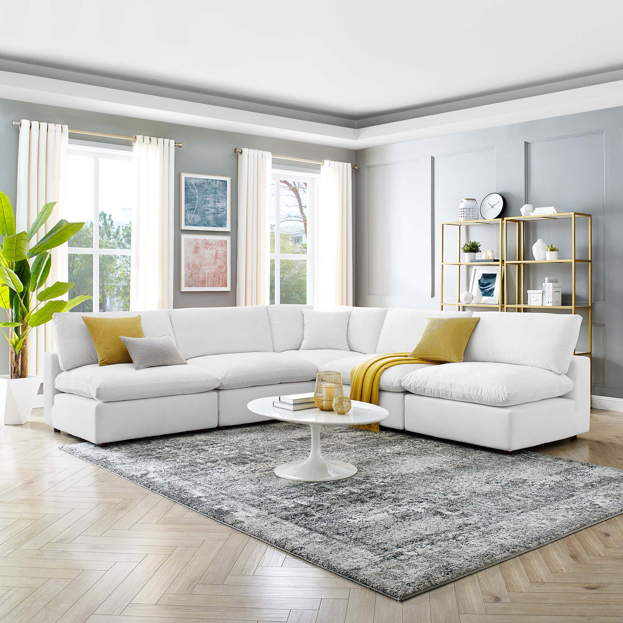 Commix 5-Piece Down Filled Overstuffed Performance Velvet Sectional Sofa in White