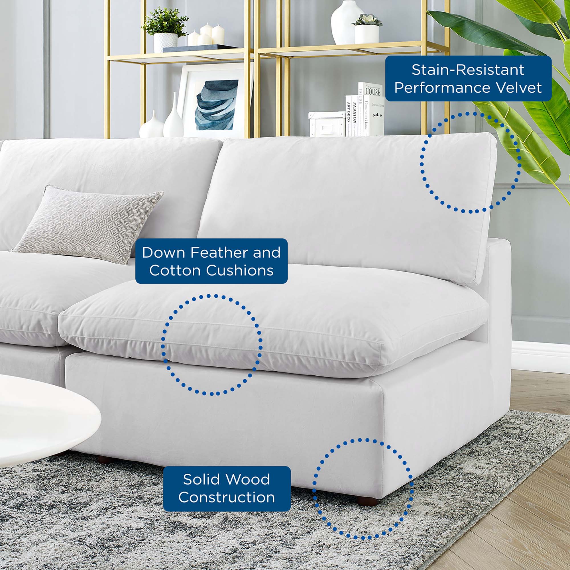 Commix 5-Piece Down Filled Overstuffed Performance Velvet Sectional Sofa in White