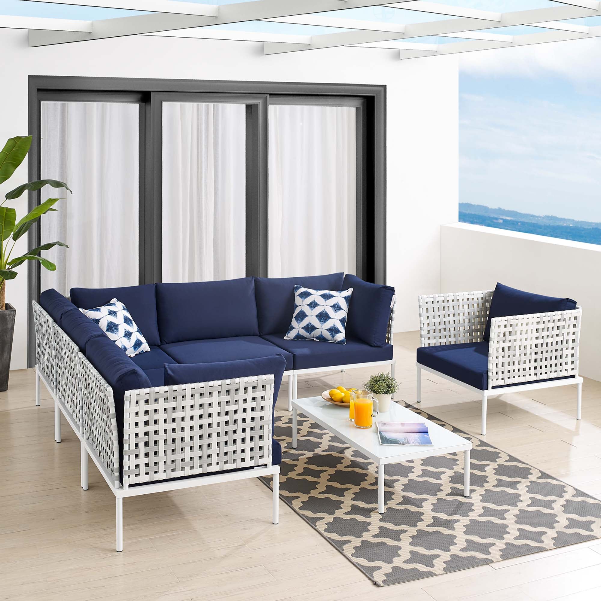 Harmony 7-Piece Sunbrella® Basket Weave Outdoor Patio Aluminum Sectional Sofa Set