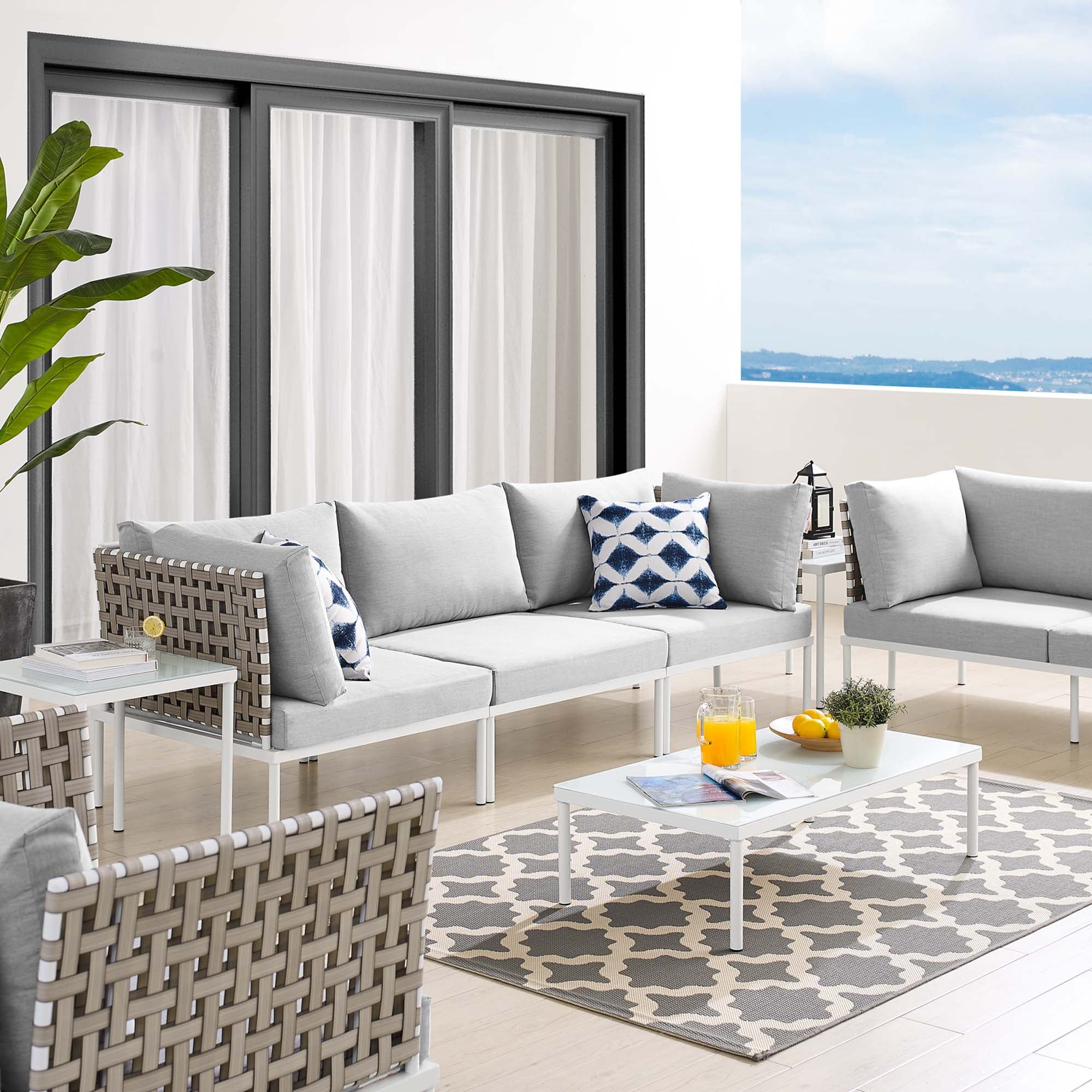 Harmony 8-Piece Sunbrella® Basket Weave Outdoor Patio Aluminum Seating Set