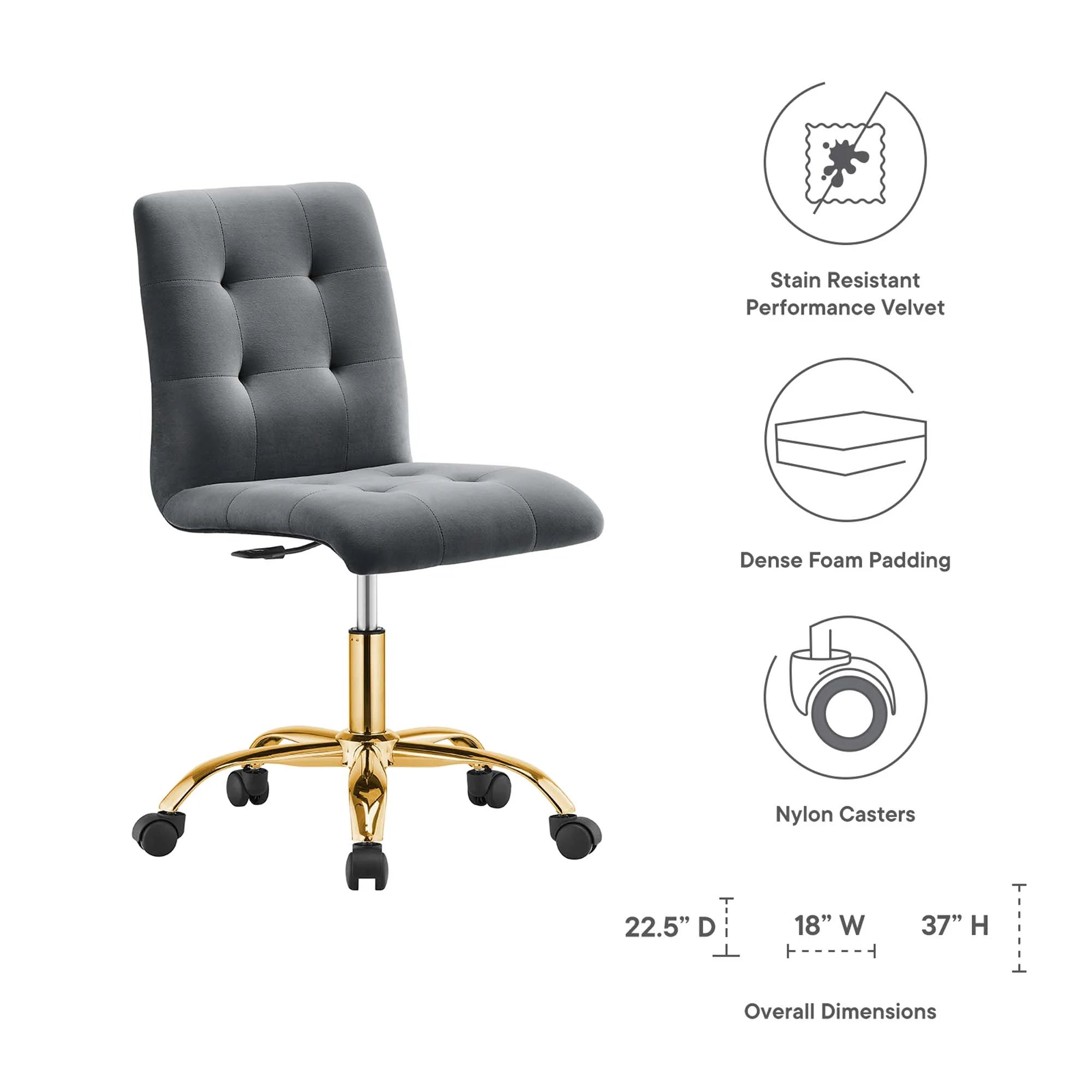 Chaise de bureau en velours sans accoudoirs Prim Performance