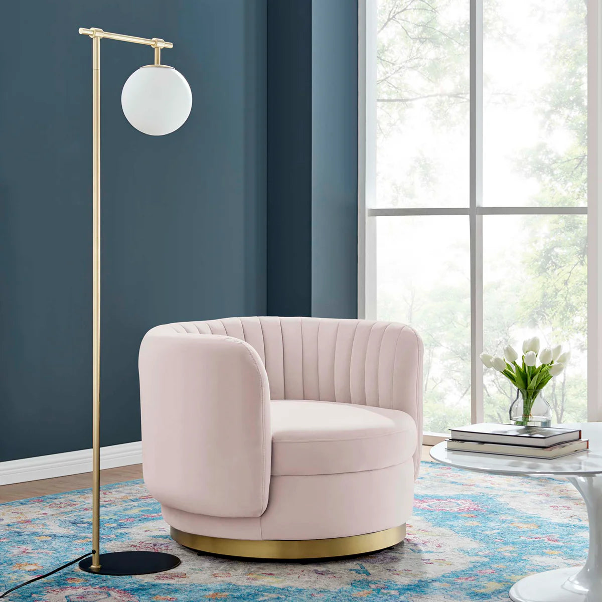 Embrace Tufted Performance Velvet Swivel Chair in Gold Pink
