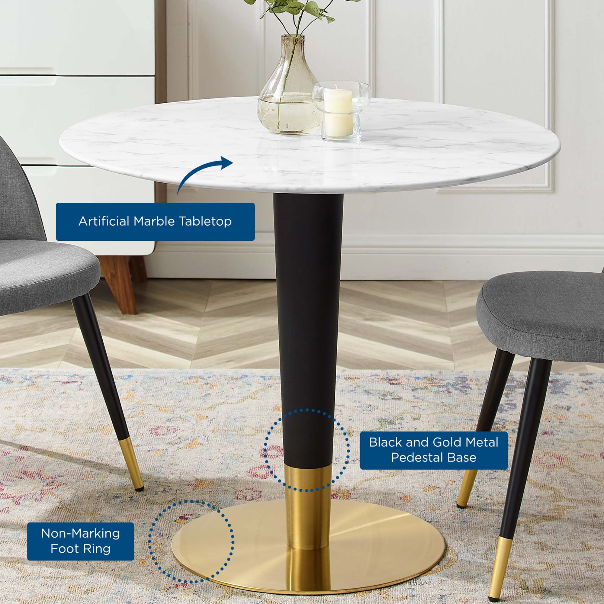 Zinque 36" Artificial Marble Dining Table in Gold White