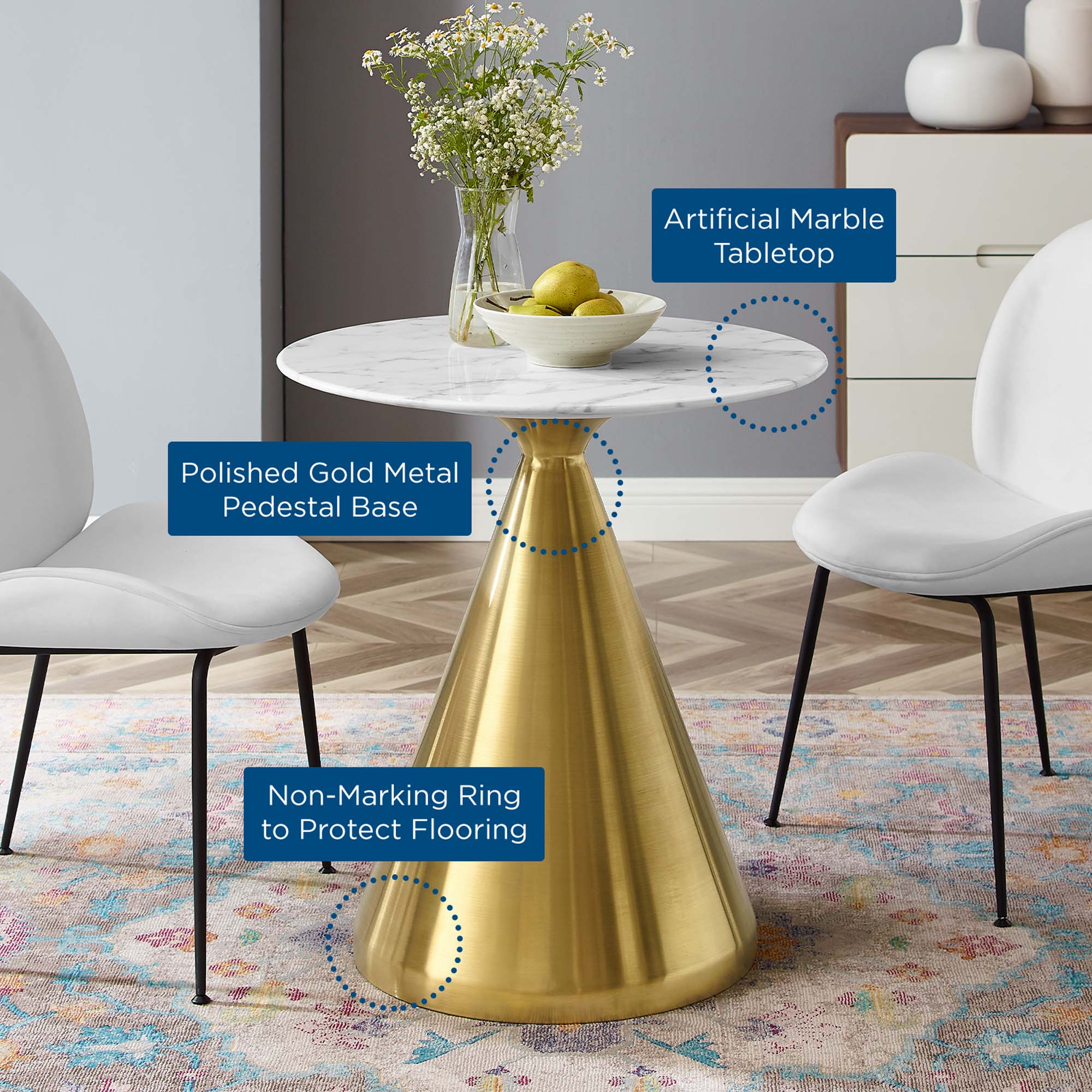 Tupelo 28" Artificial Marble Dining Table in Gold White