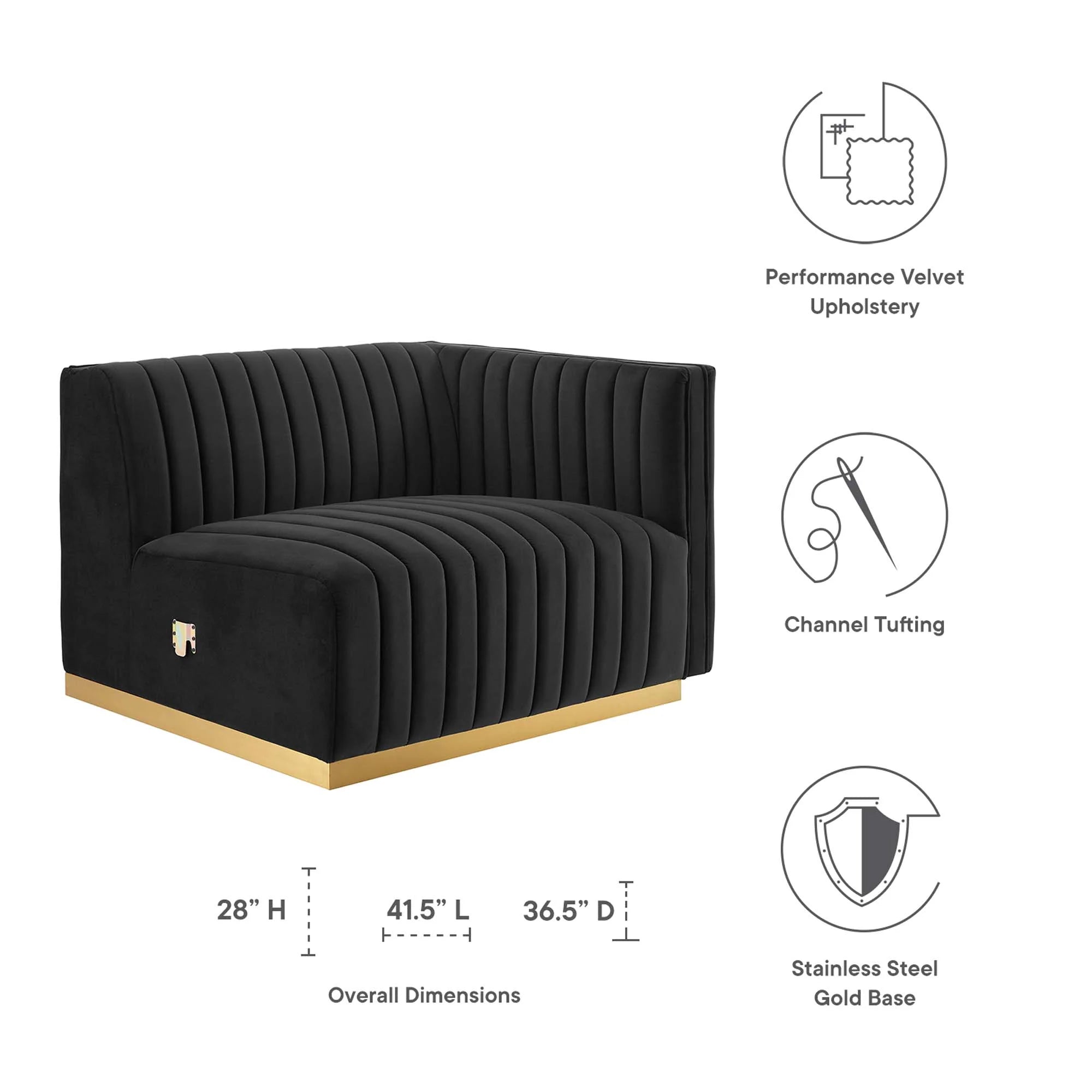 Fauteuil à accoudoir droit capitonné en velours haute performance Conjure Channel