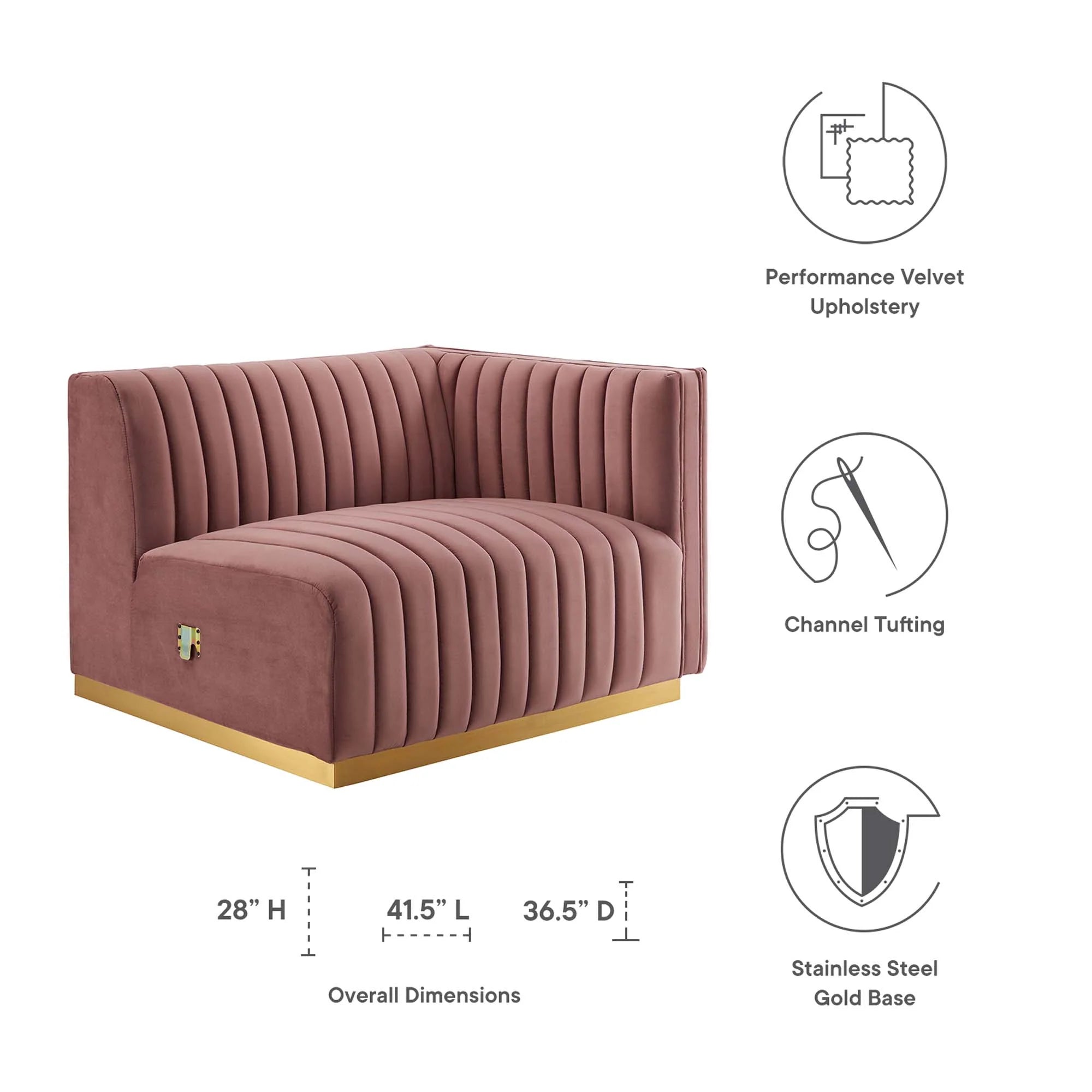 Fauteuil à accoudoir droit capitonné en velours haute performance Conjure Channel
