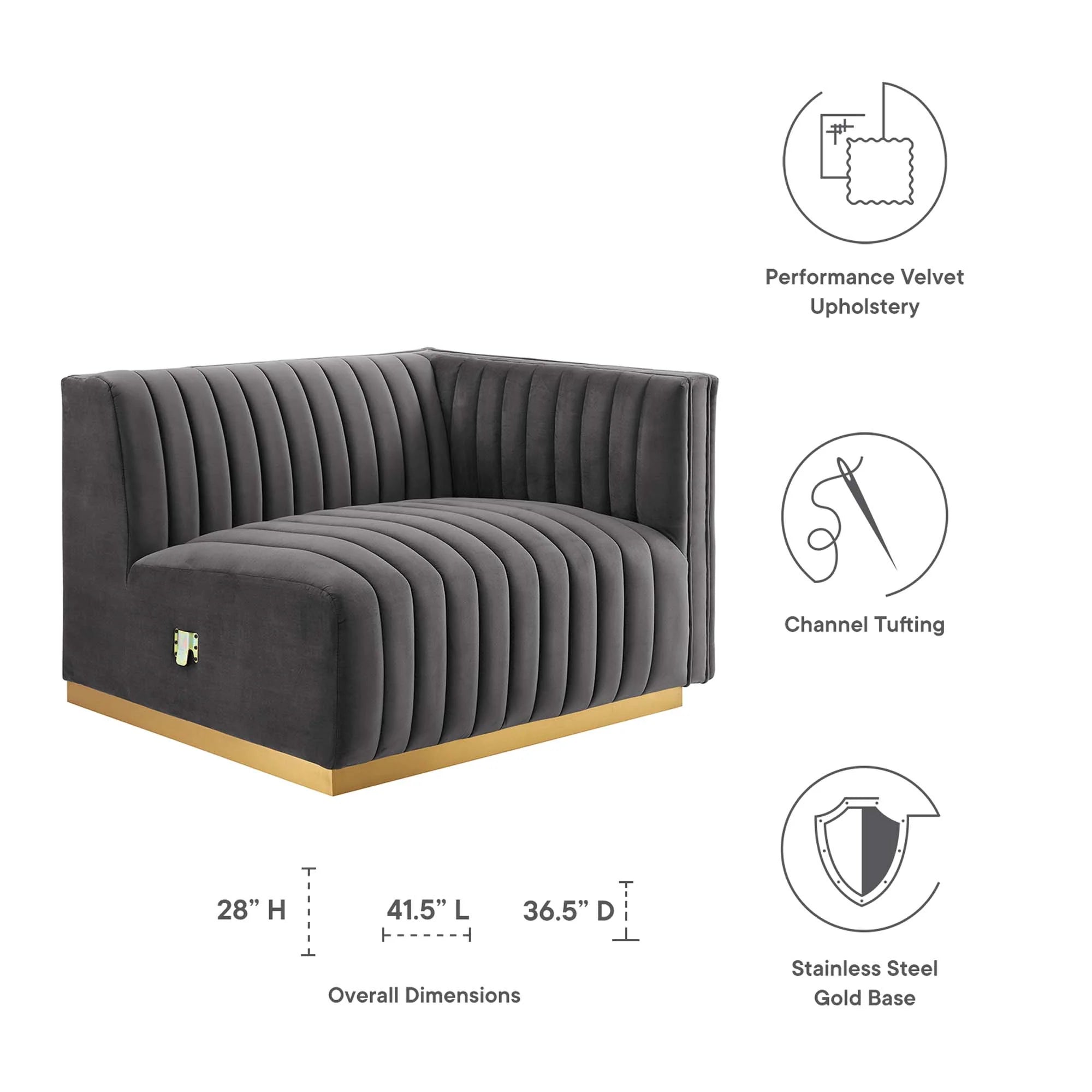 Fauteuil à accoudoir droit capitonné en velours haute performance Conjure Channel
