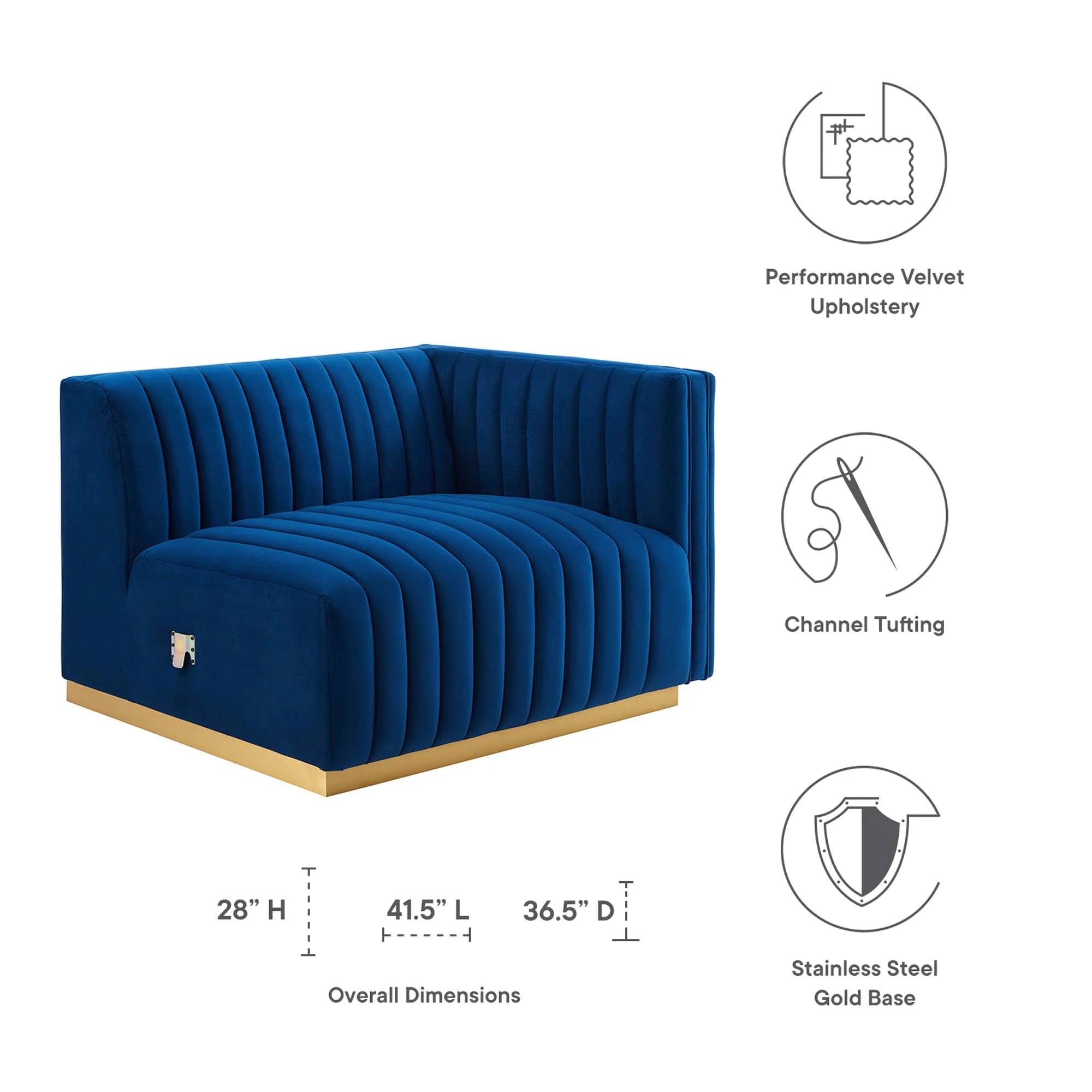 Fauteuil à accoudoir droit capitonné en velours haute performance Conjure Channel