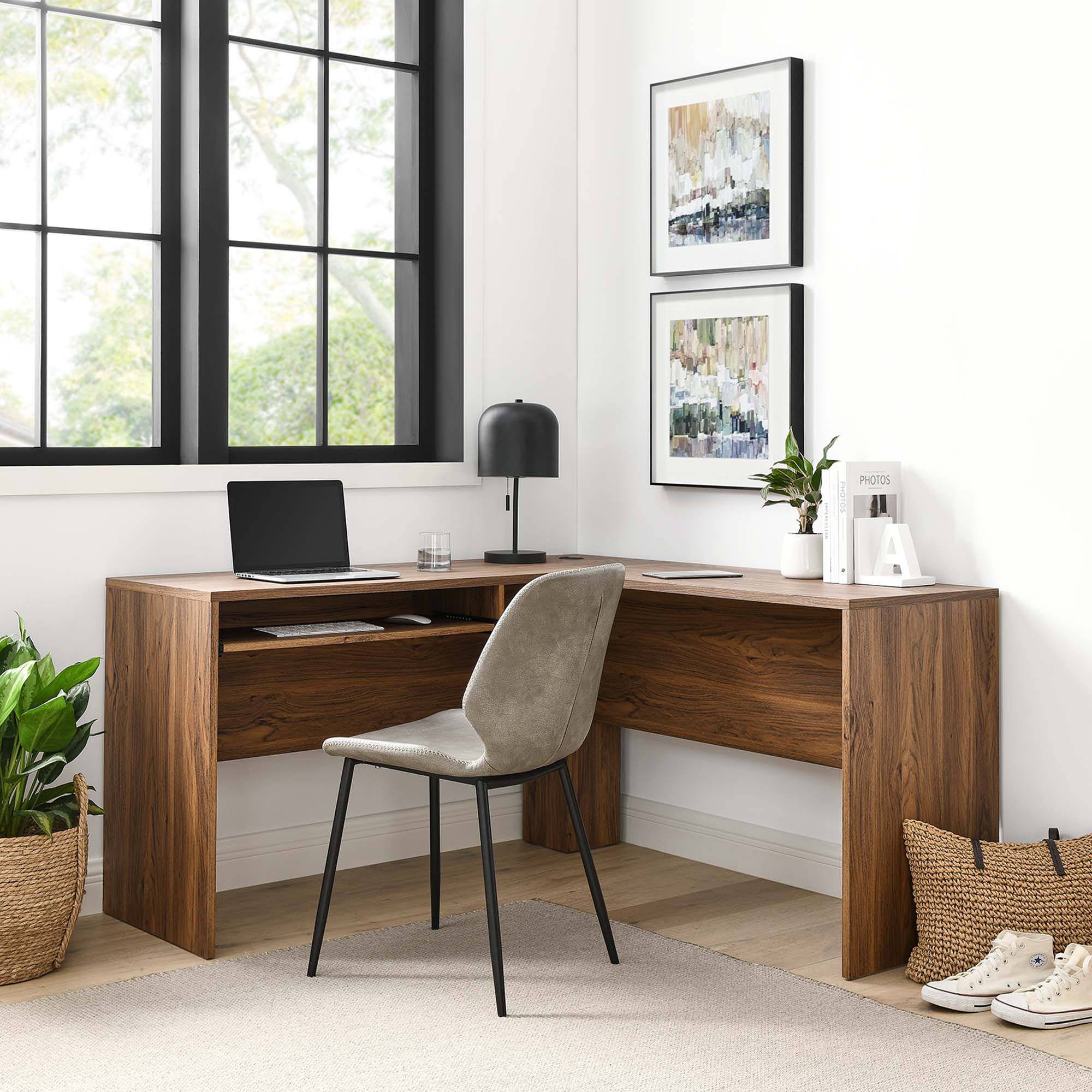 Venture L-Shaped Wood Office Desk in Walnut