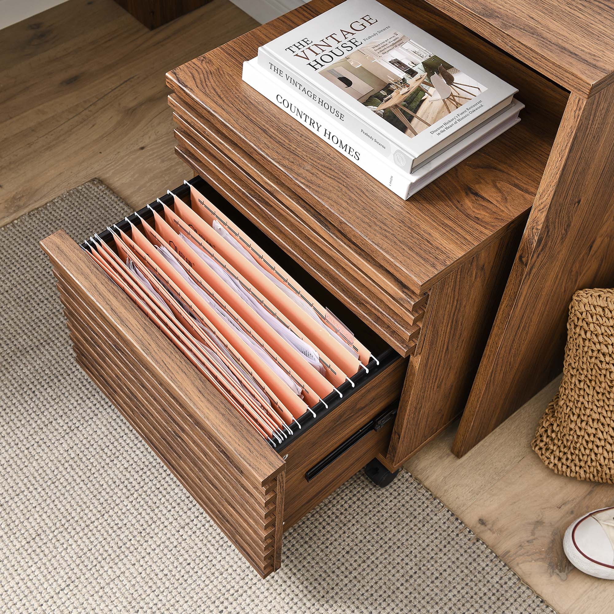 Render Wood Desk and File Cabinet Set in Walnut