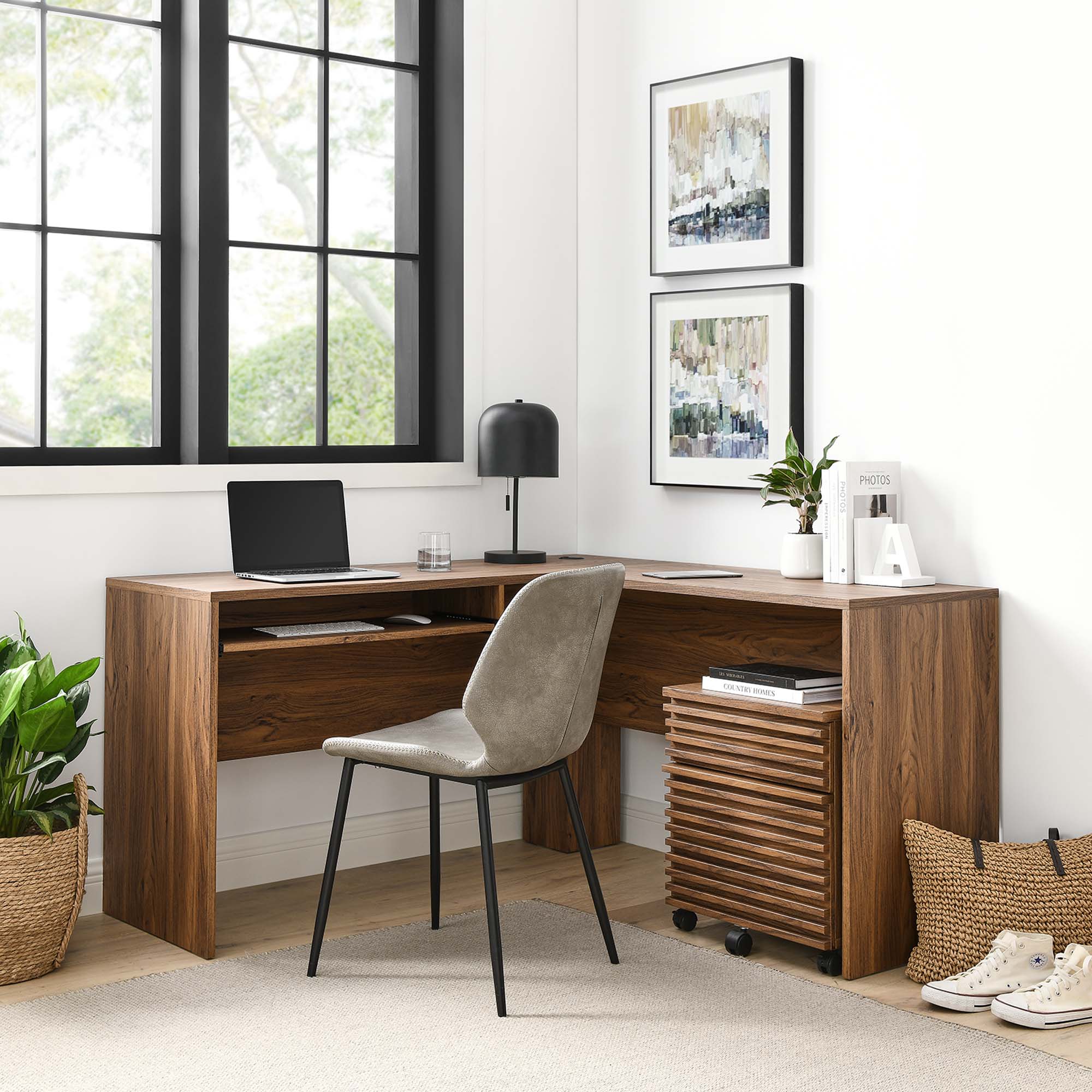 Render Wood Desk and File Cabinet Set in Walnut