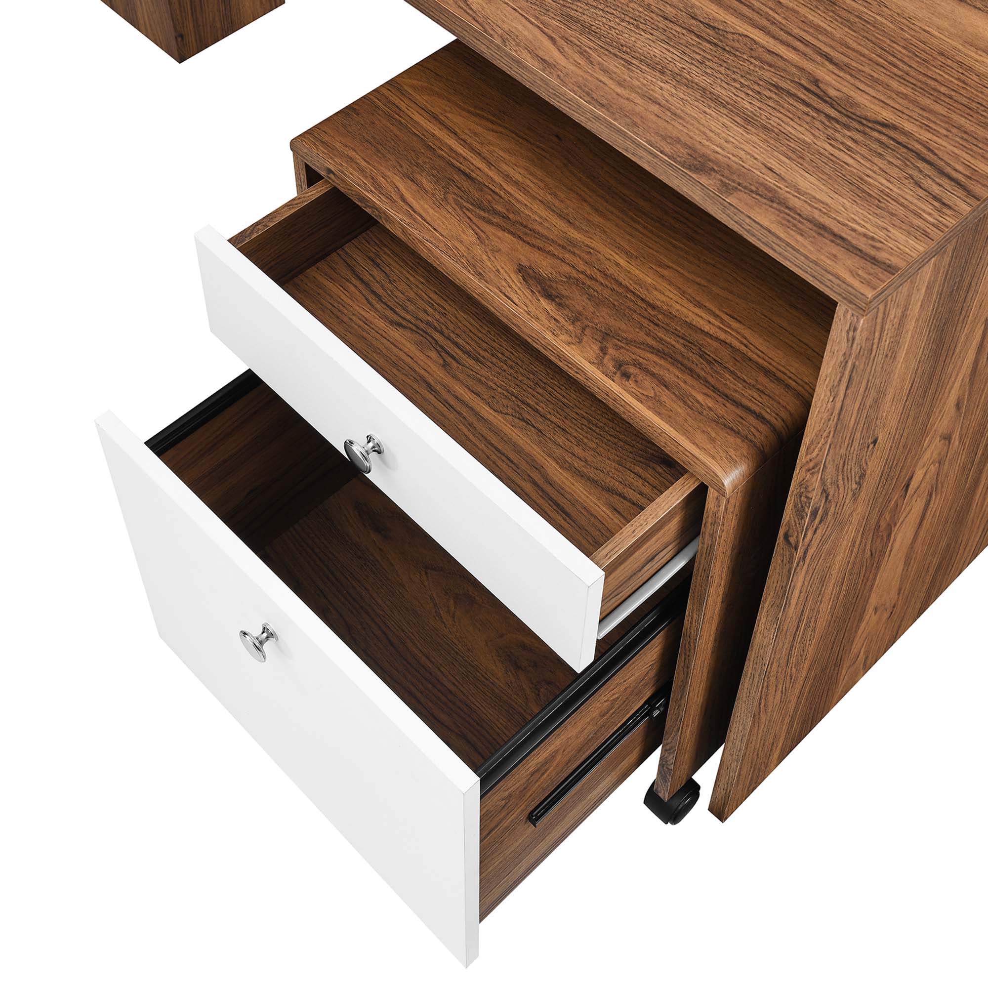 Transmit Wood Desk and File Cabinet Set in Walnut White